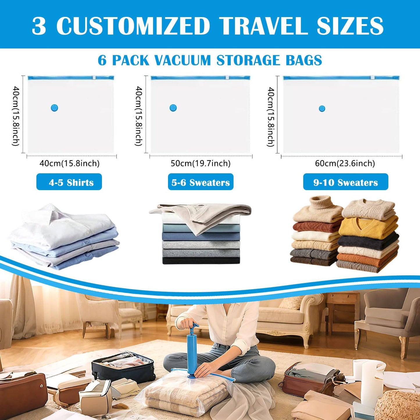 OWill Vacuum Storage Bags 6 Pack with Travel Hand Pump, Reusable Space Saver Bags for Clothes, Sweaters & Blankets, 3 Mixed Sizes