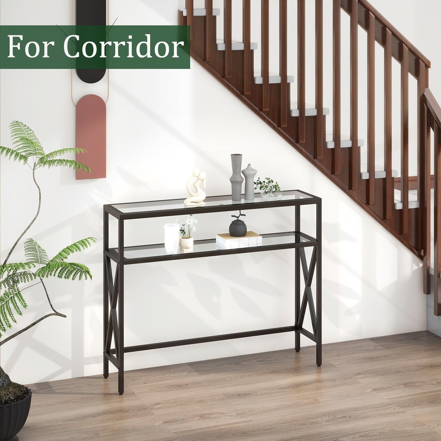 YMYNY Console Table, Tempered Glass Sofa Table, Industrial Entryway for Hallway, Narrow With Shelves, Compact Display for Small Spaces
