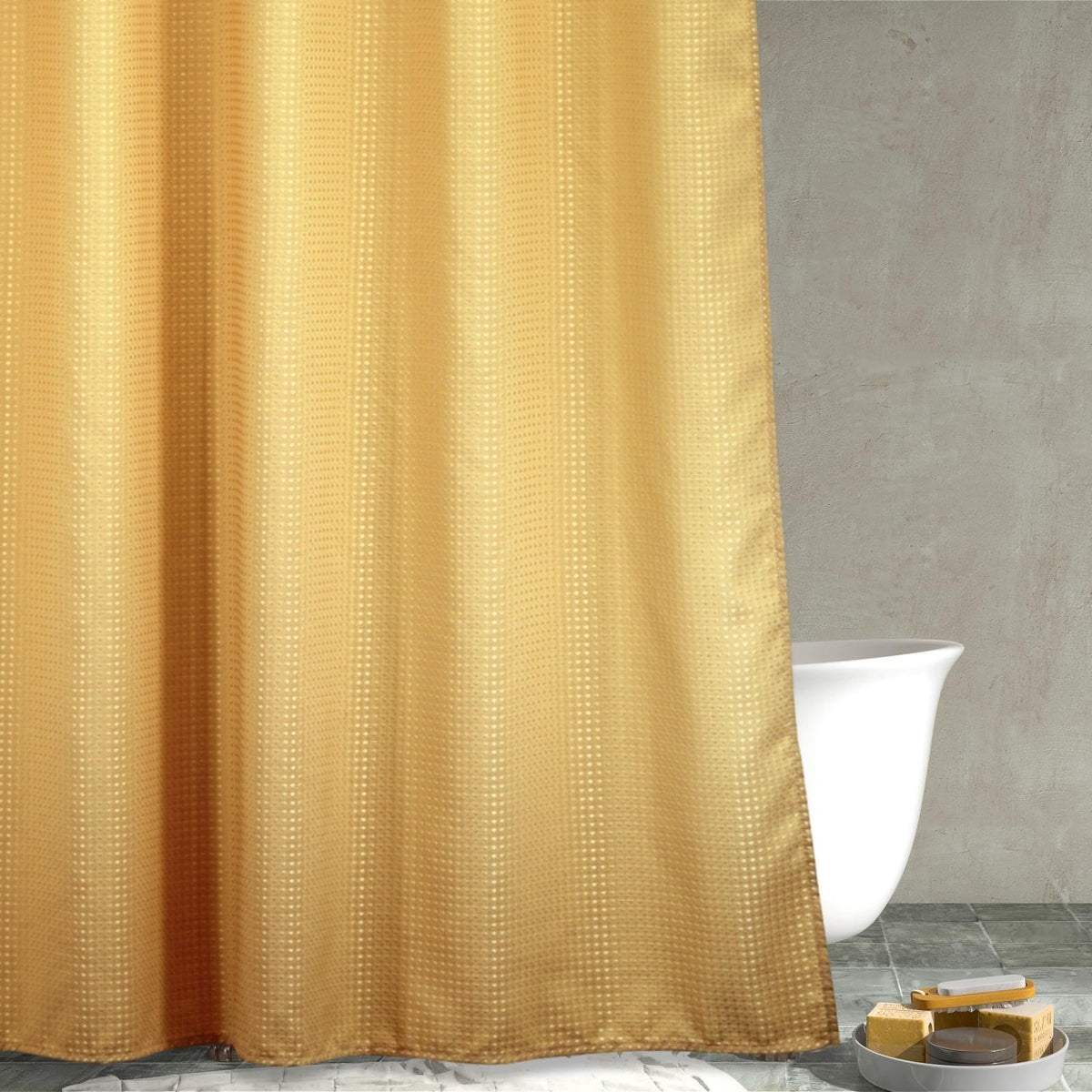 Popkozzi Yellow Gold Waffle Shower Curtain: Heavy Duty Textured Fabric Shower Curtains for Girls Bathroom - Water Repellent Washable Thick Polyester