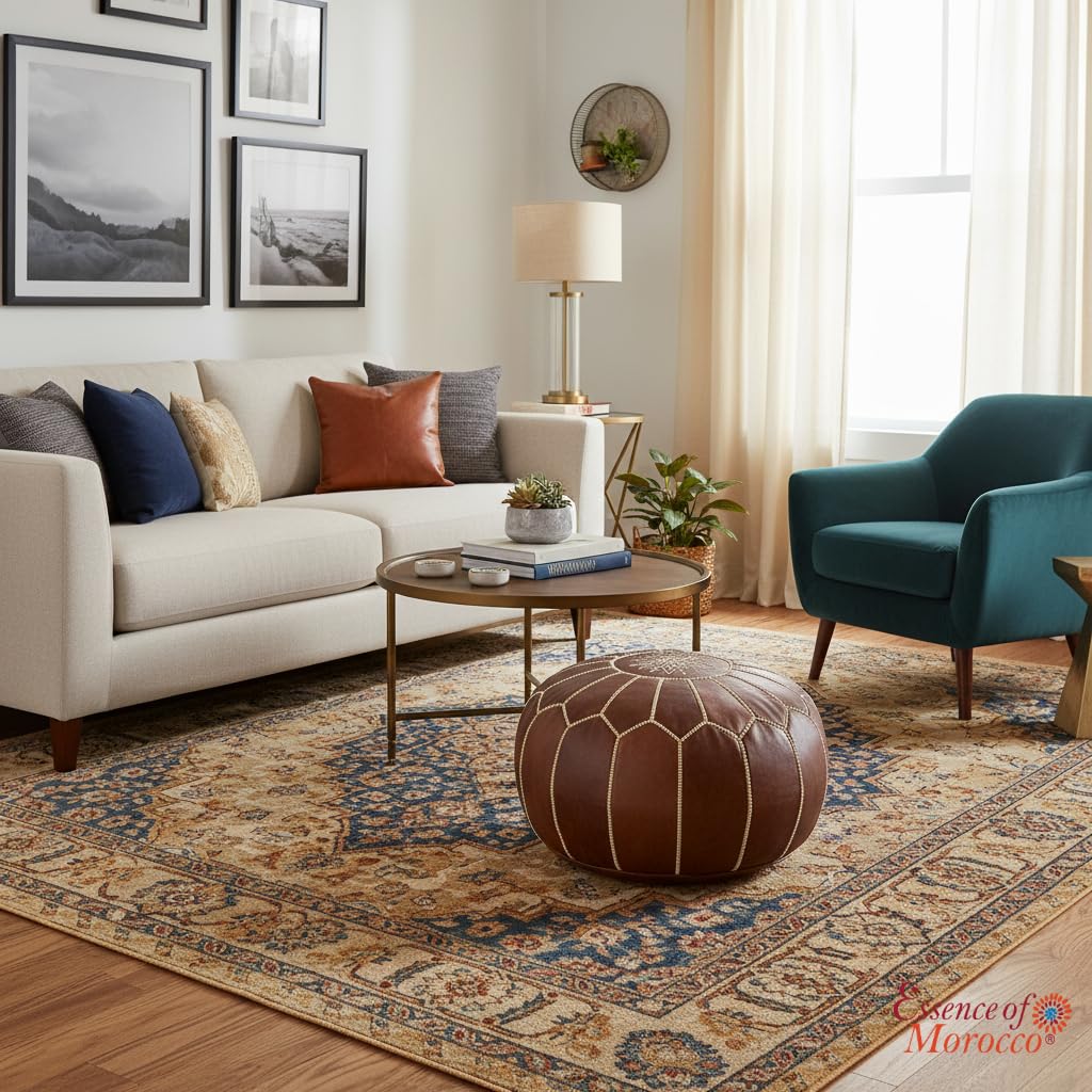 ESSENCE OF MOROCCO Moroccan Pouffe Pouf Footrest Footstool Ottoman Real Leather Brown Tan Handmade Hand-stitched with Embroidered Design (COVER ONLY)