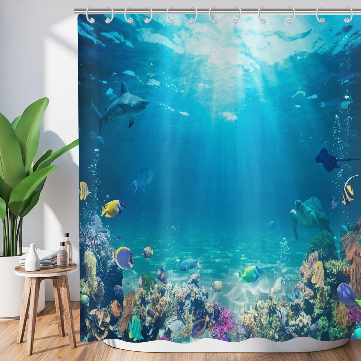 ASDCXZ Sea Floor Shower Curtain 180x200 cm, Blue Deep Sea Ocean Colorful Underwater World Shark Turtle Fish Washable Shower Curtains Polyester