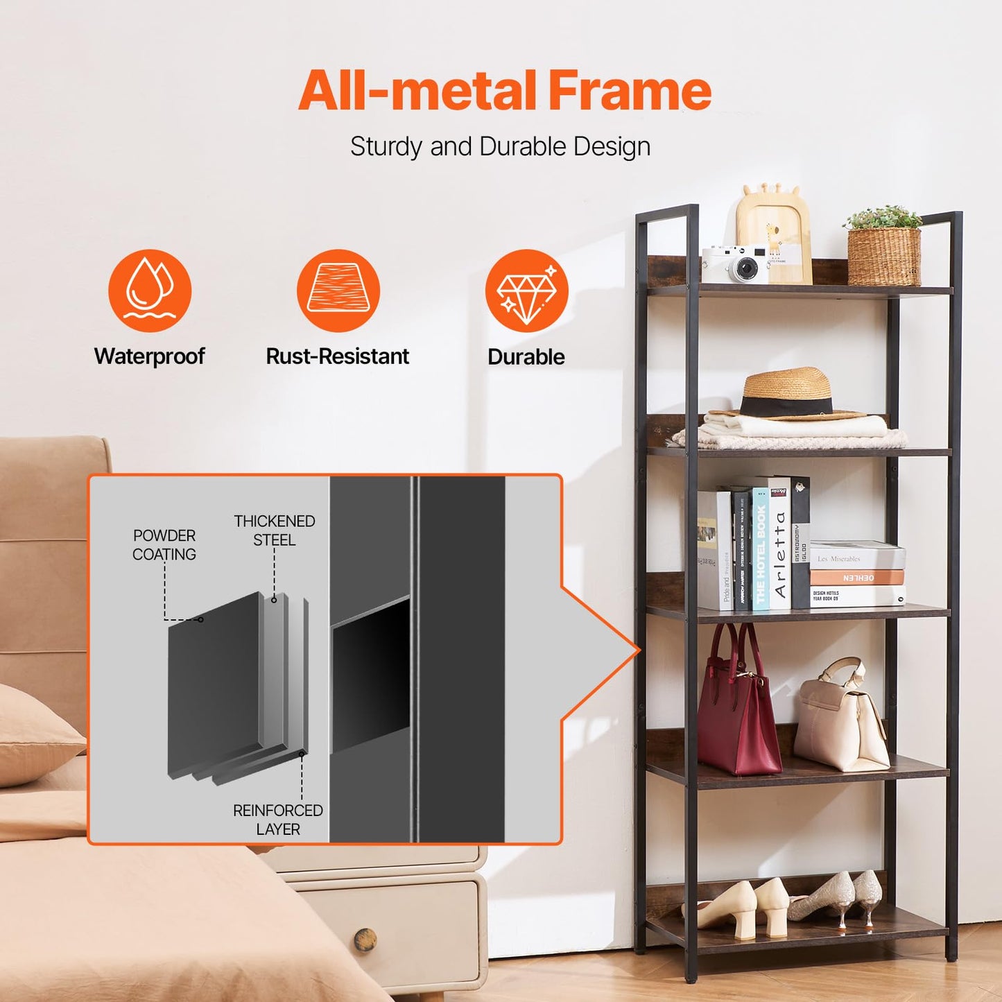 VEVOR Metal Bookshelf, 5-Tier Tall Industrial Bookshelf, Rustic Display Vintage Storage Bookcase with Open Shelves