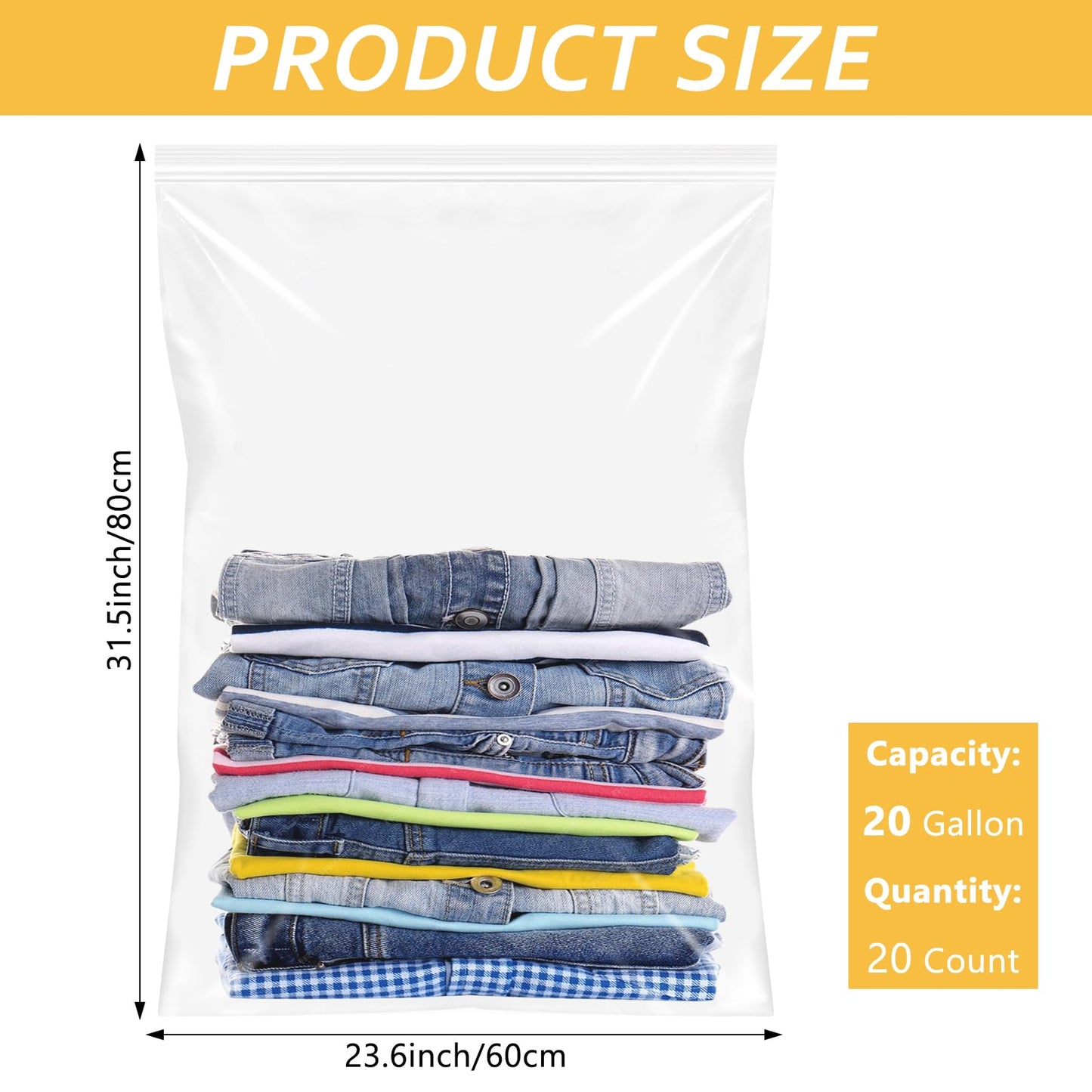 60x80cm Reusable Ziplock Bags for Clothes,20 Pack Large Plastic Hospital Travel Clothes Storage Bags Clear Seal Bag Waterproof Luggage Organiser for