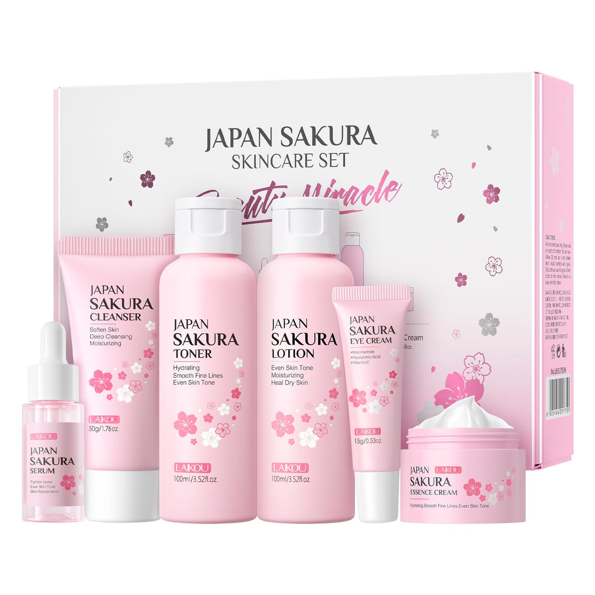 LAIKOU Skincare Set, JAPAN Sakura Skin Care Sets & Kits - Cleanser, Toner, Lotion, Serum, Eye Cream, Face Cream, Travel Gift Sets for Women Teenage