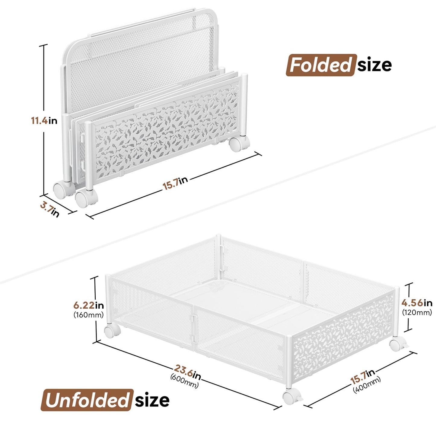 PHINOX Under Bed Storage Box on Wheels, Metal, White, 2 Pack