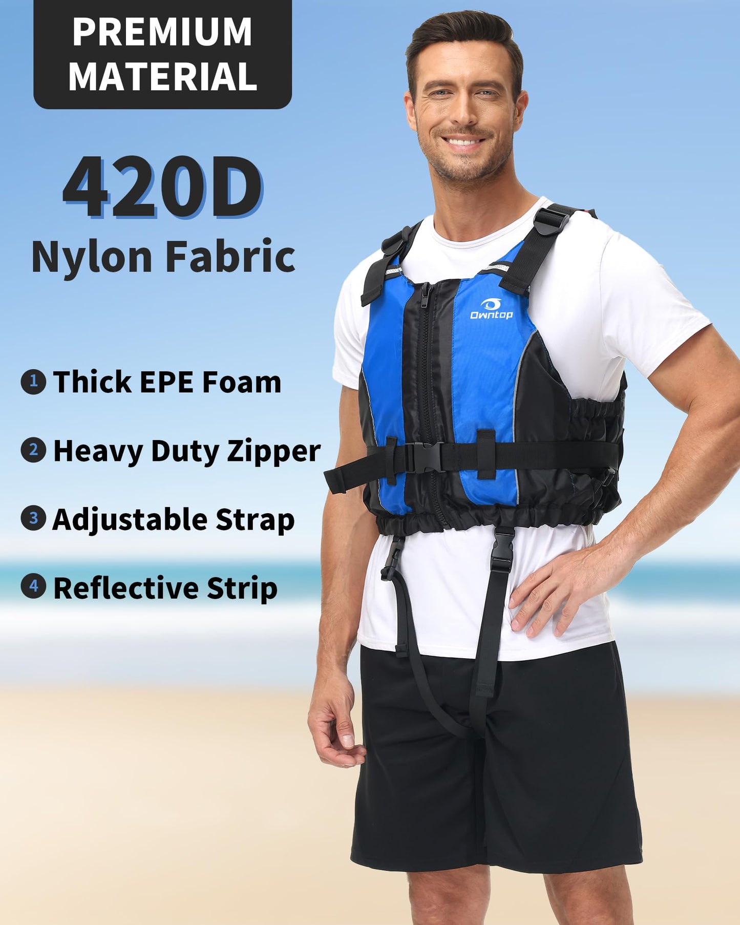 Owntop Buoyancy Aids Adults, Foam Buoyancy Vest Jacket with Crotch Strap Inner Pocket Unisex for Paddleboarding Kayaking Sup Fishing - Blue M/L