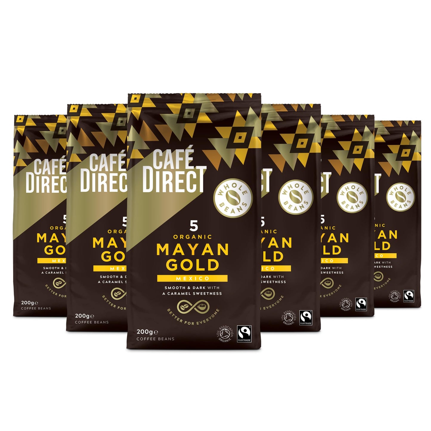 Cafedirect Mayan Gold Organic Coffee Beans ? Smooth Dark Roast with Caramel Sweetness, Fairtrade Arabica from Mexico 200g (Pack of 6 - 1.2kg total)