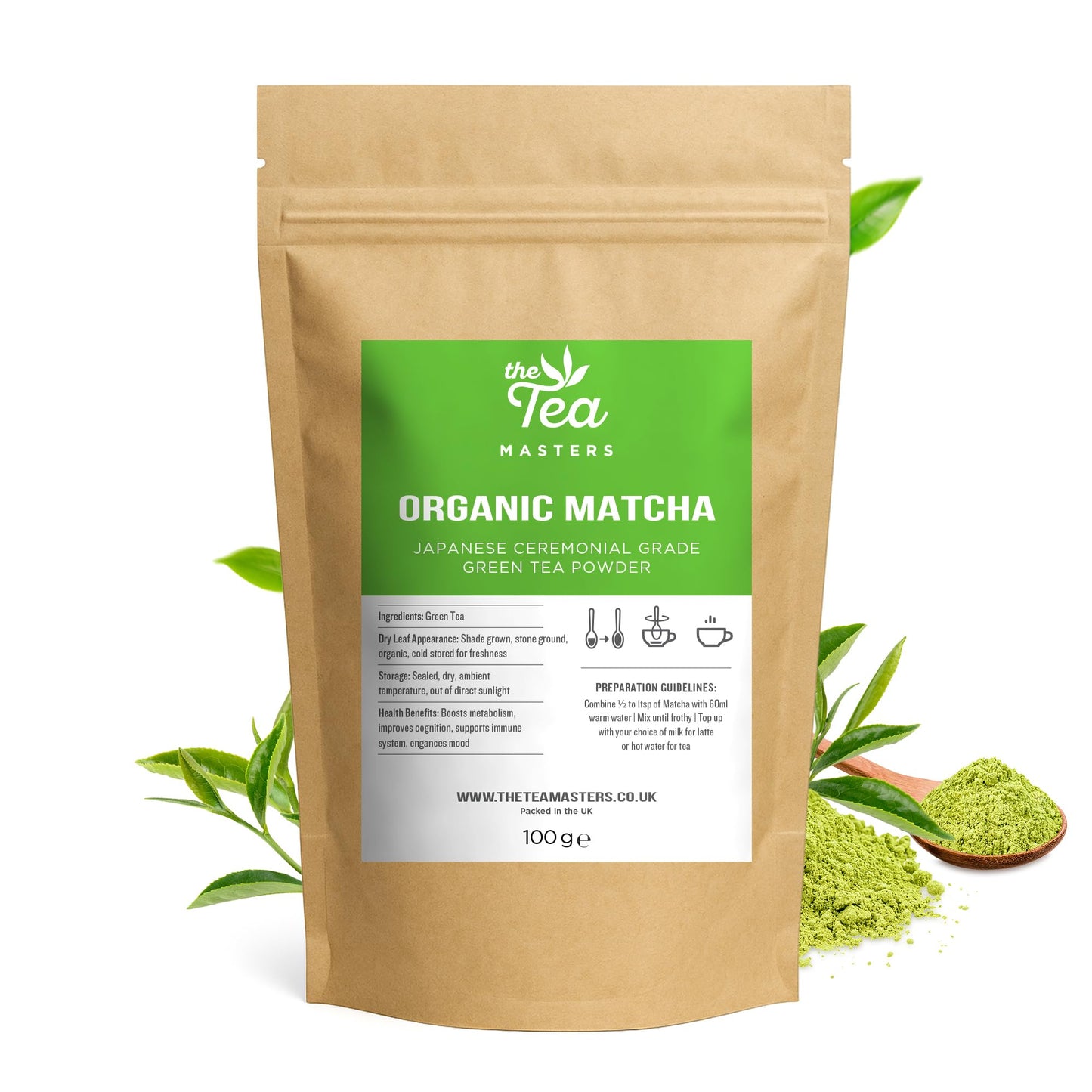 Tea Masters Organic Ceremonial Grade Matcha Tea Powder (1 x 100g)