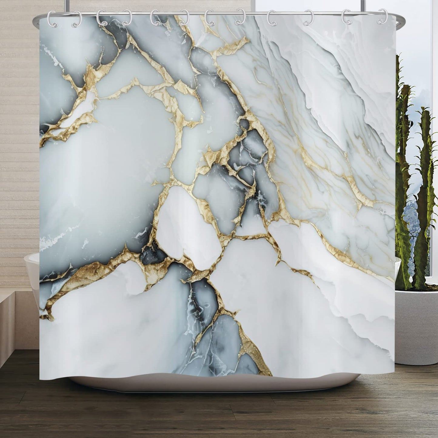 ASDCXZ Shower Curtain Marble 180x200 cm, Modern Abstract White Gold Cyan Marble Optic Texture Washable Bath Shower Curtains Polyester Textile