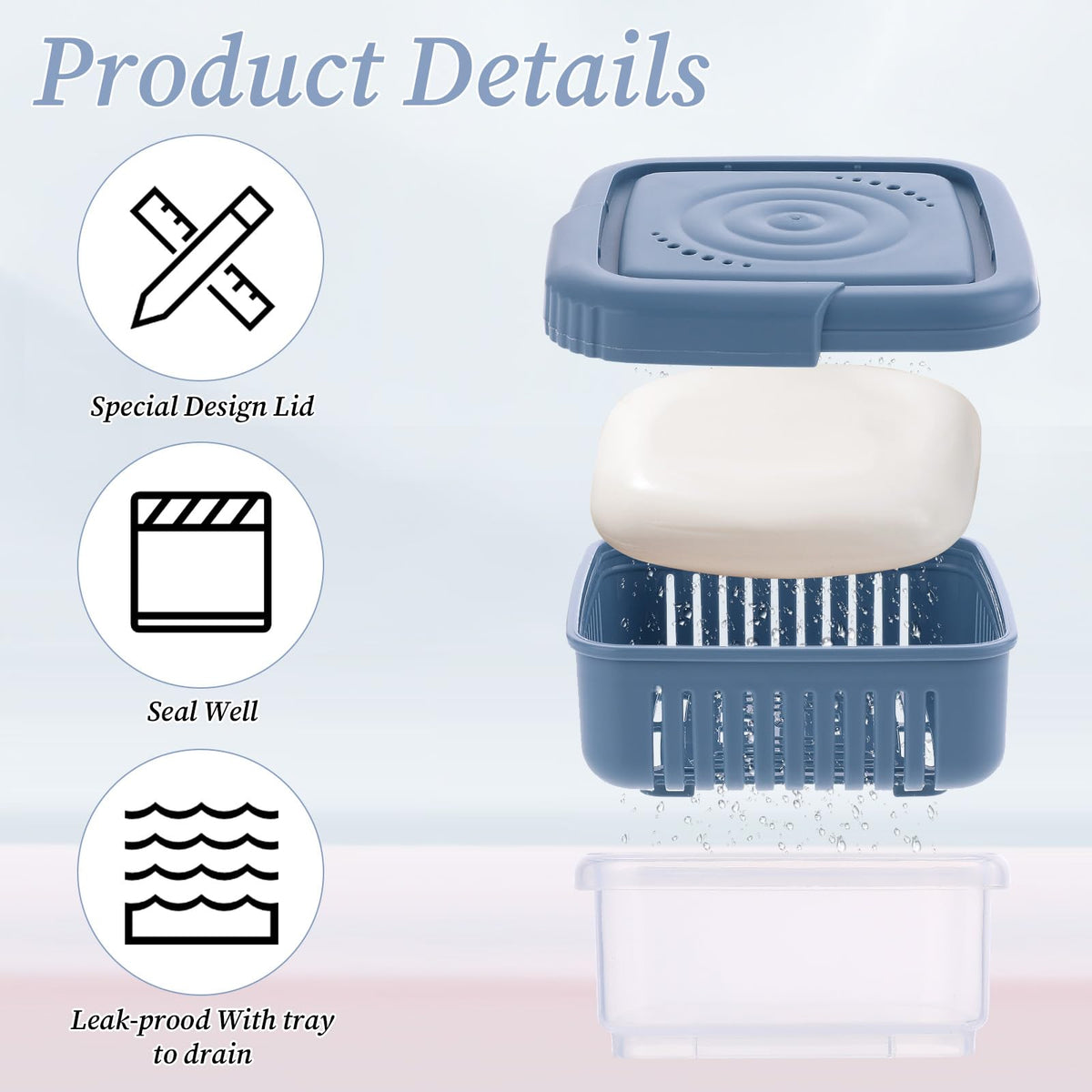 Soap Dish with Lid Leakproof Soaps Box Square Soap Travel Case with Drainage Layer Shower Shampoo Holder Travel Size Toiletries for Gym Bathroom