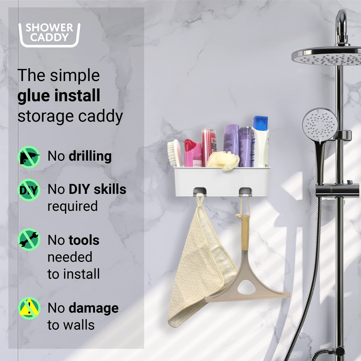S.B.Weston SBW Shower Caddy, Rust Proof Wall Mounted Bathroom Shower Organiser Storage Shelf Rack Caddies with Hangers, No-Drilling