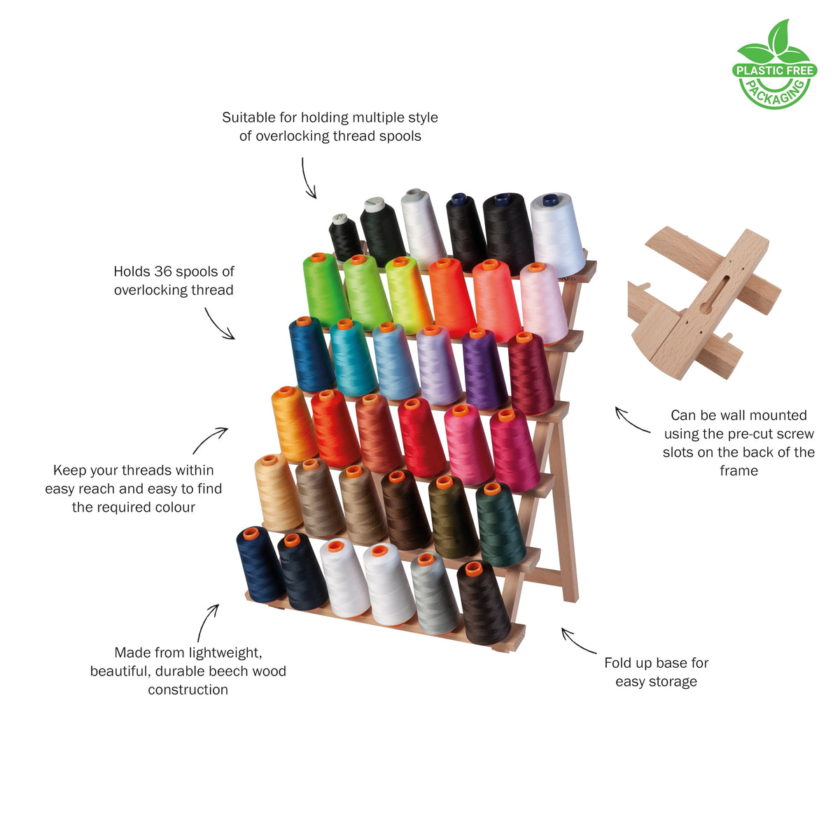 Milward Wooden Overlocker Thread Reel Stand, Freestanding or Wall Mountable Thread Spool Holder, 36 Spools, 57 x 43cm, Beech