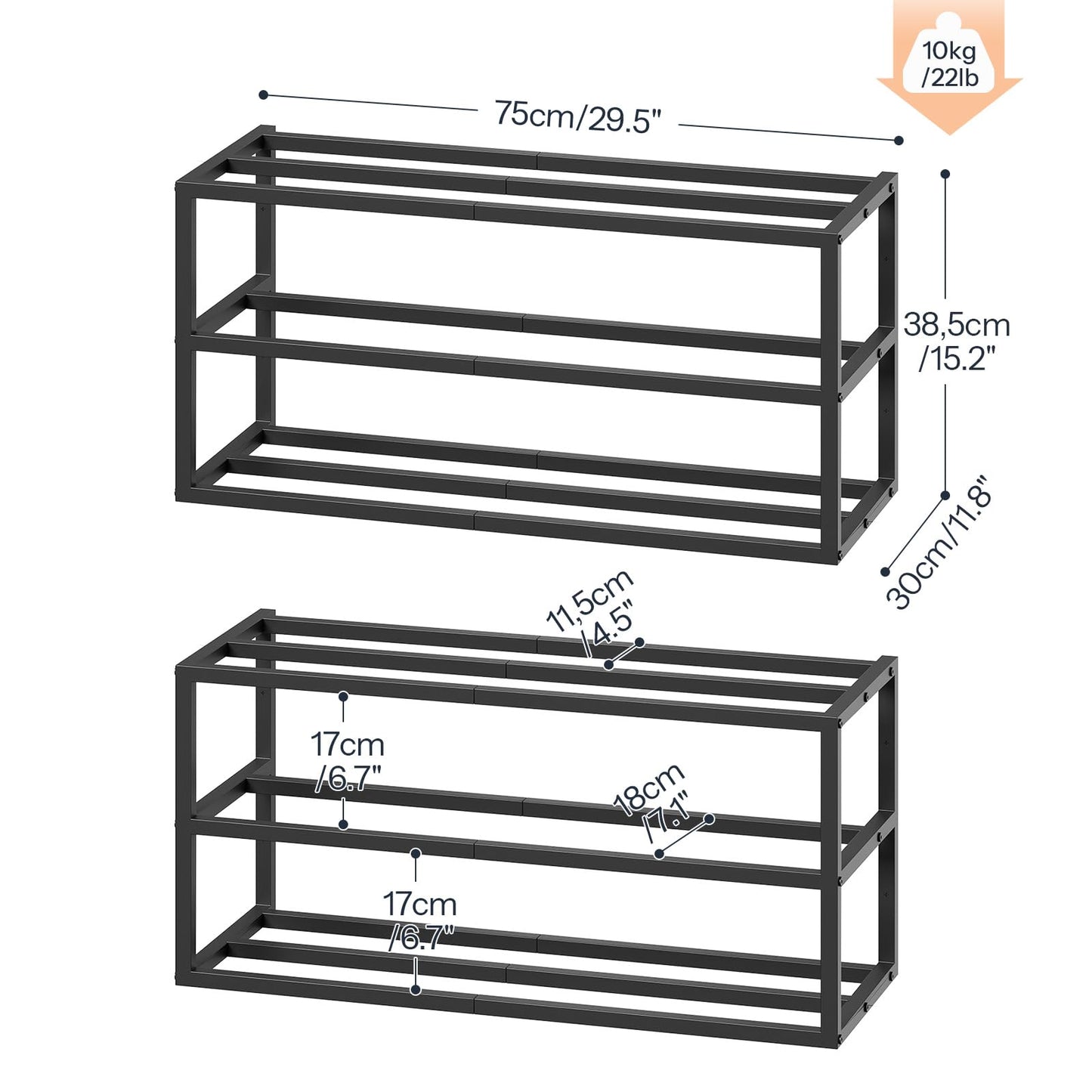 HOOBRO Wall Mounted Shoe Rack, 2-Pack Hanging Metal Shoe Storage Organizer, 3-Tier Vertical Shoe Holder, Metal Shoe Shelf for 18-24 Pairs, Entryway