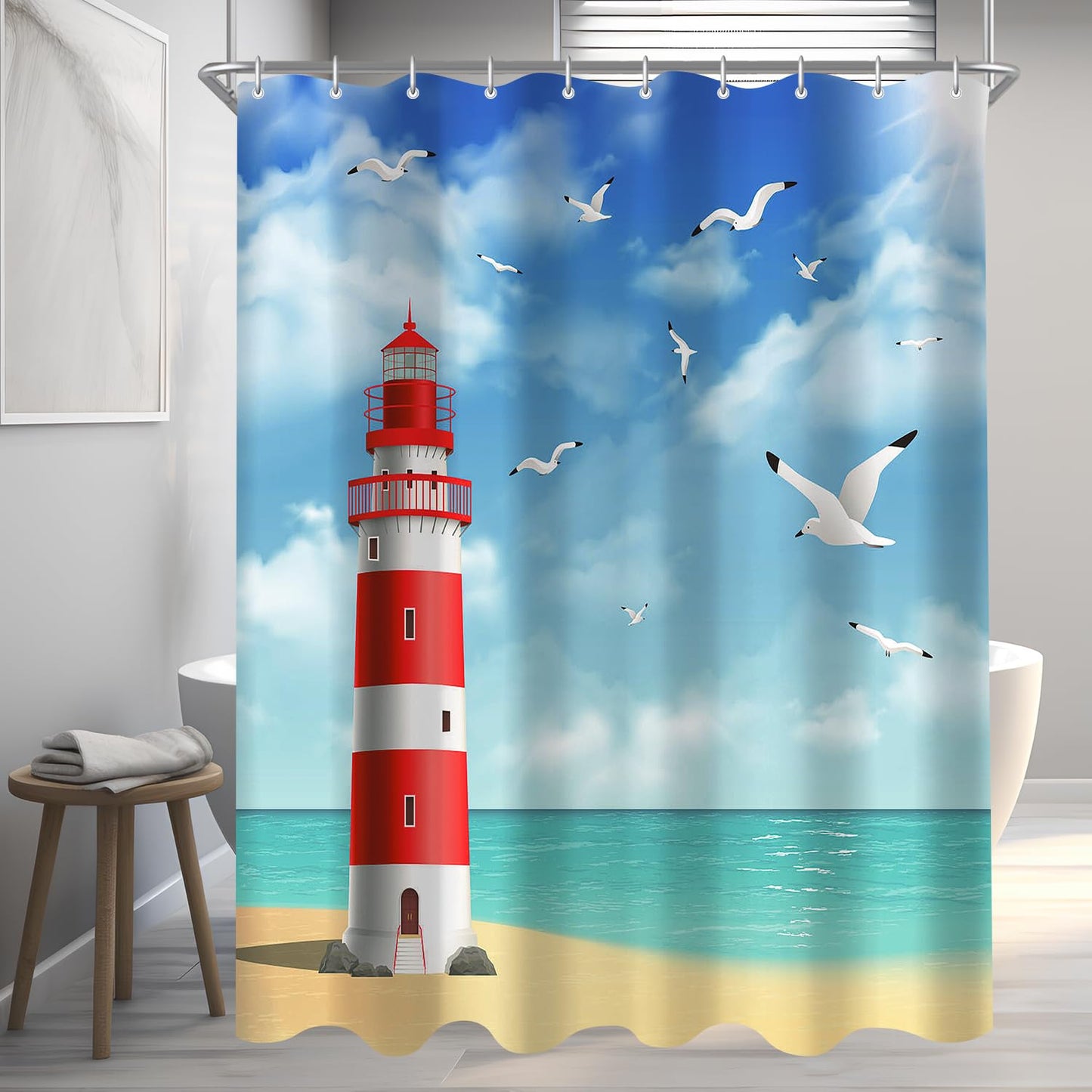 Lerores Shower Curtain, 200 x 200 cm, Lighthouse, Weighted Hem, Anti-Mould, Water-Repellent, Washable Polyester Bath Curtains with 12 Eyelets and