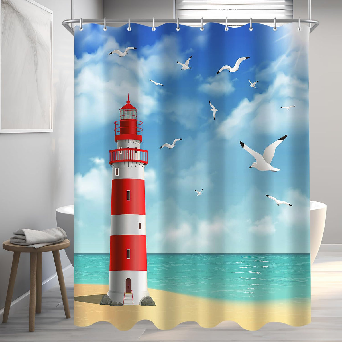 Lerores Shower Curtain, 120 x 200 cm, Lighthouse, Weighted Hem, Anti-Mould, Water-Repellent, Washable Polyester Bath Curtains with 8 Eyelets and