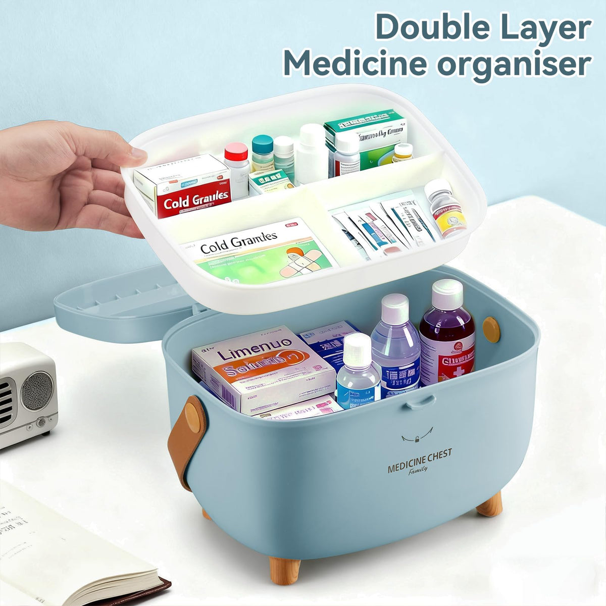 Nymblis Medicine Storage Box, Double Layers Portable Medicine Box, Blue