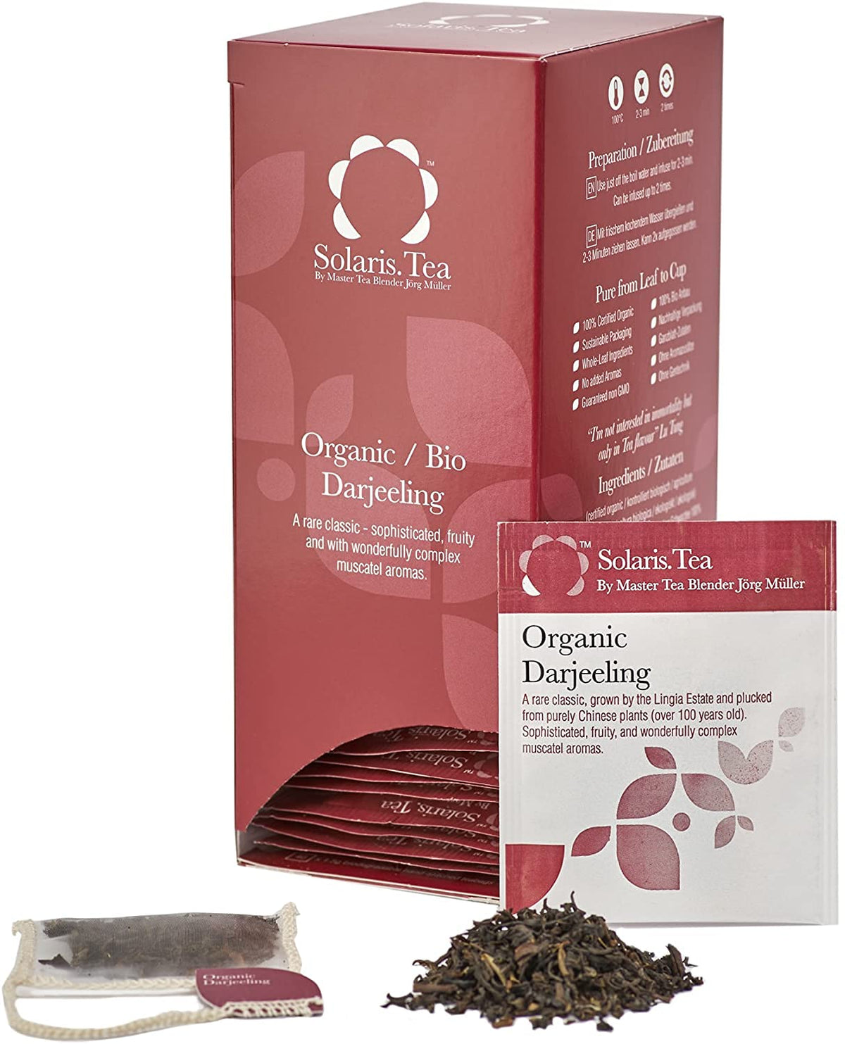 Solaris Tea - Organic Darjeeling Tea | 100% Organic Whole Leaf Tea | Certified Vegan | 40x Biodegradable Stitched Teabags, (1 x 60 g)
