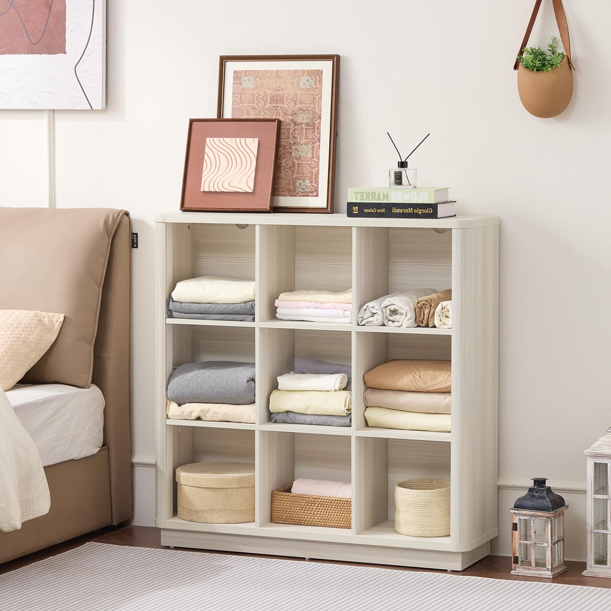 LELELINKY 9 Cube Storage Bookcase, 41" Wide Wooden Book Shelf with Thickened Base, Freestanding 3-Tier Open Book Case Unit with Curved Edge