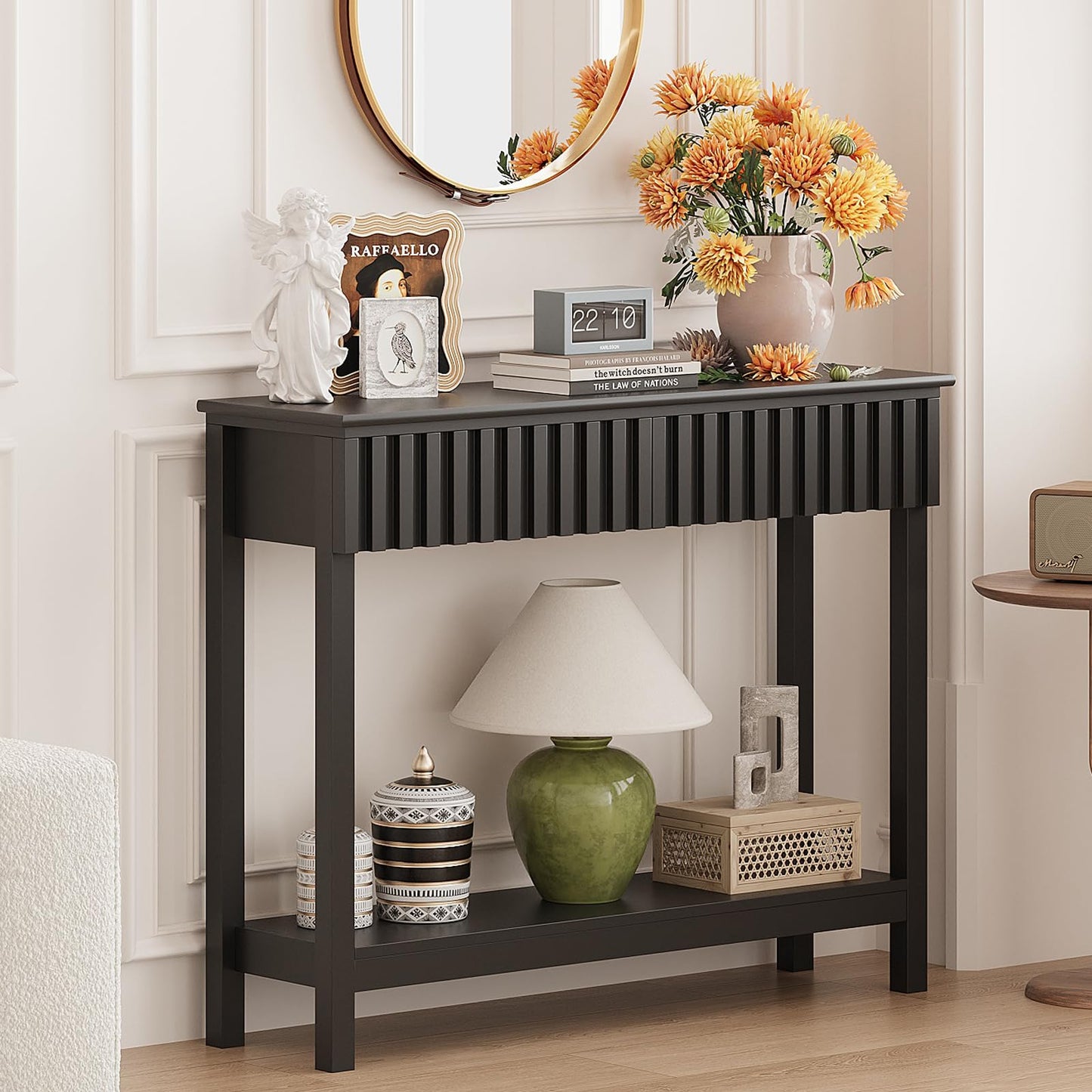 Trironsun Narrow Fluted Console Table with 2 Drawers and Open Shelf Modern Painted Wood Sofa Table for Hallway, Living Room or Behind Couch (Black)