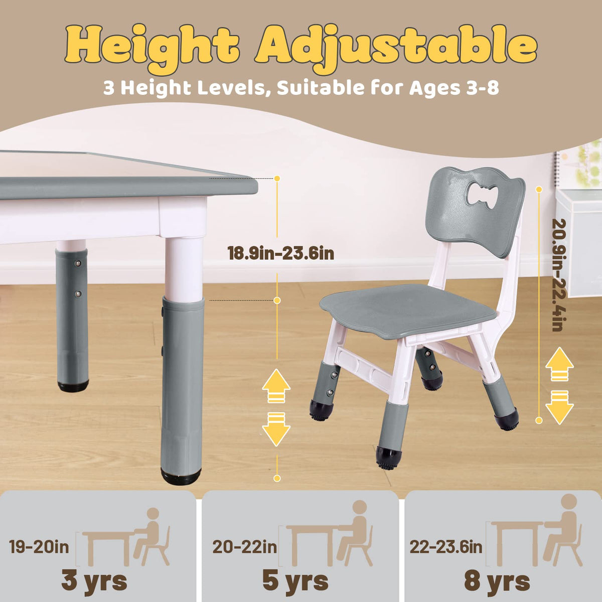 FUNLIO Kids Table and 2 Chairs Set, Height Adjustable Toddler Table and Chair Set for Ages 3-8, Easy to Wipe Arts & Crafts Table, for