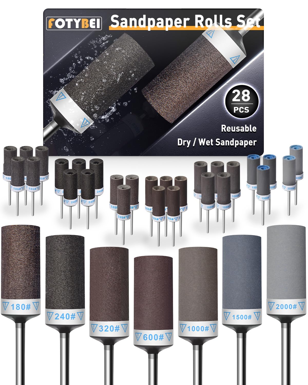 FOTYBEI 28Pcs Sanding Drums Sandpaper Sticks Set for Dremel Rotary Tool Accessories, 180/240/320/600/1000/1500/2000 Grits Sanding Bits Kit with 1/8"