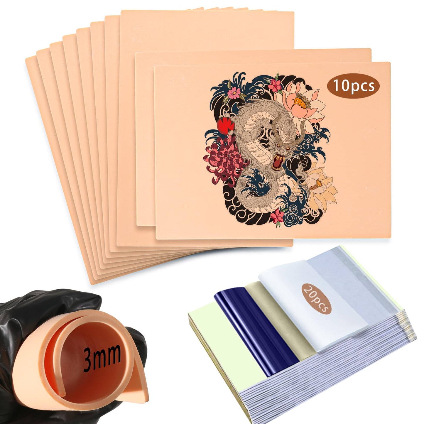 Worldget Tattoo Practice Skin 30 Pcs Fake Skin*10pcs 3mm Silicone 6 * 8in Transfer Paper*20pcs Tattoo pad Tattooing Sheet Double Side for Beginners