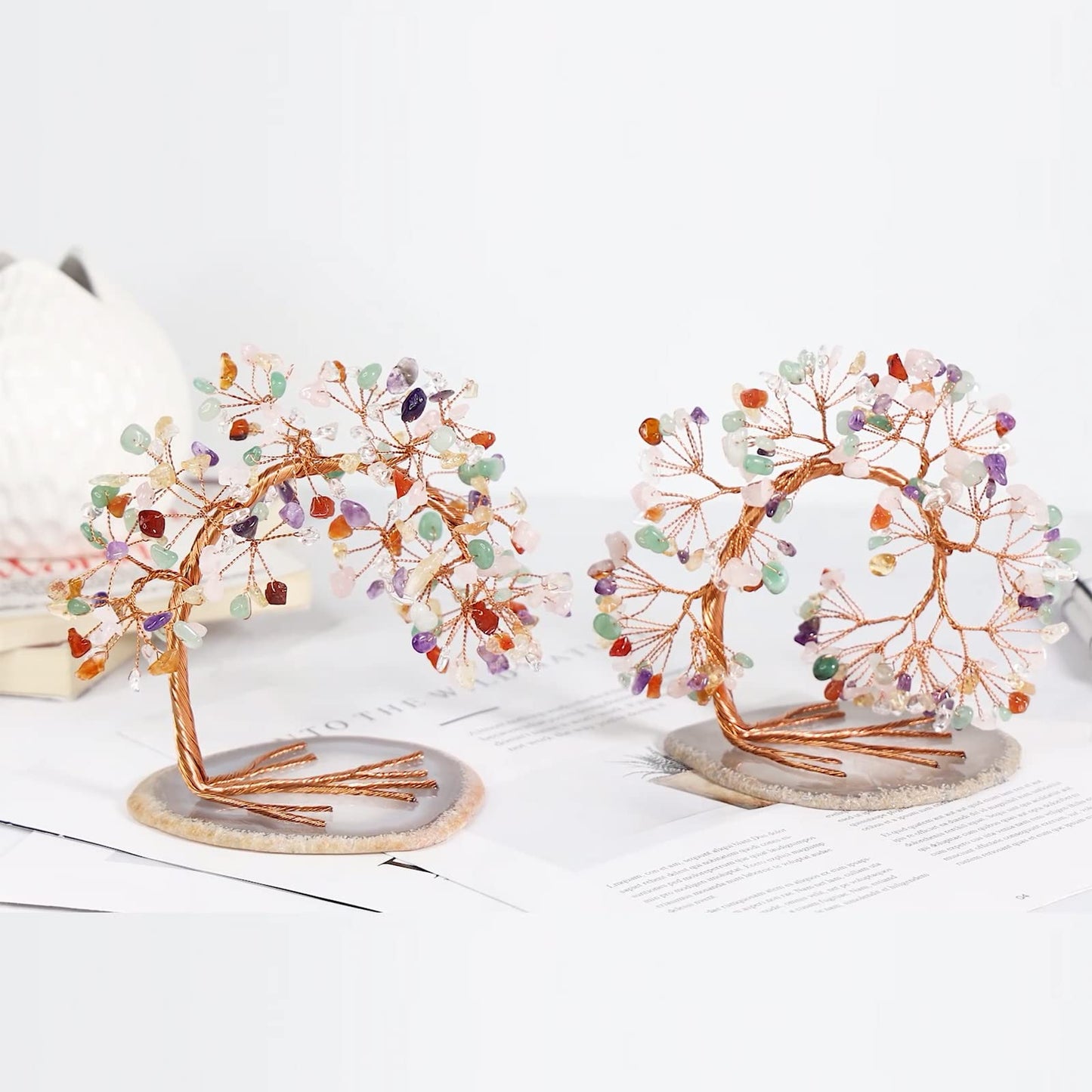 Nupuyai 7 Chakra Crystal Tree with Agate Slice Base, Money Tree Figurines Fengshui Ornament for Home Office Wedding Decoration