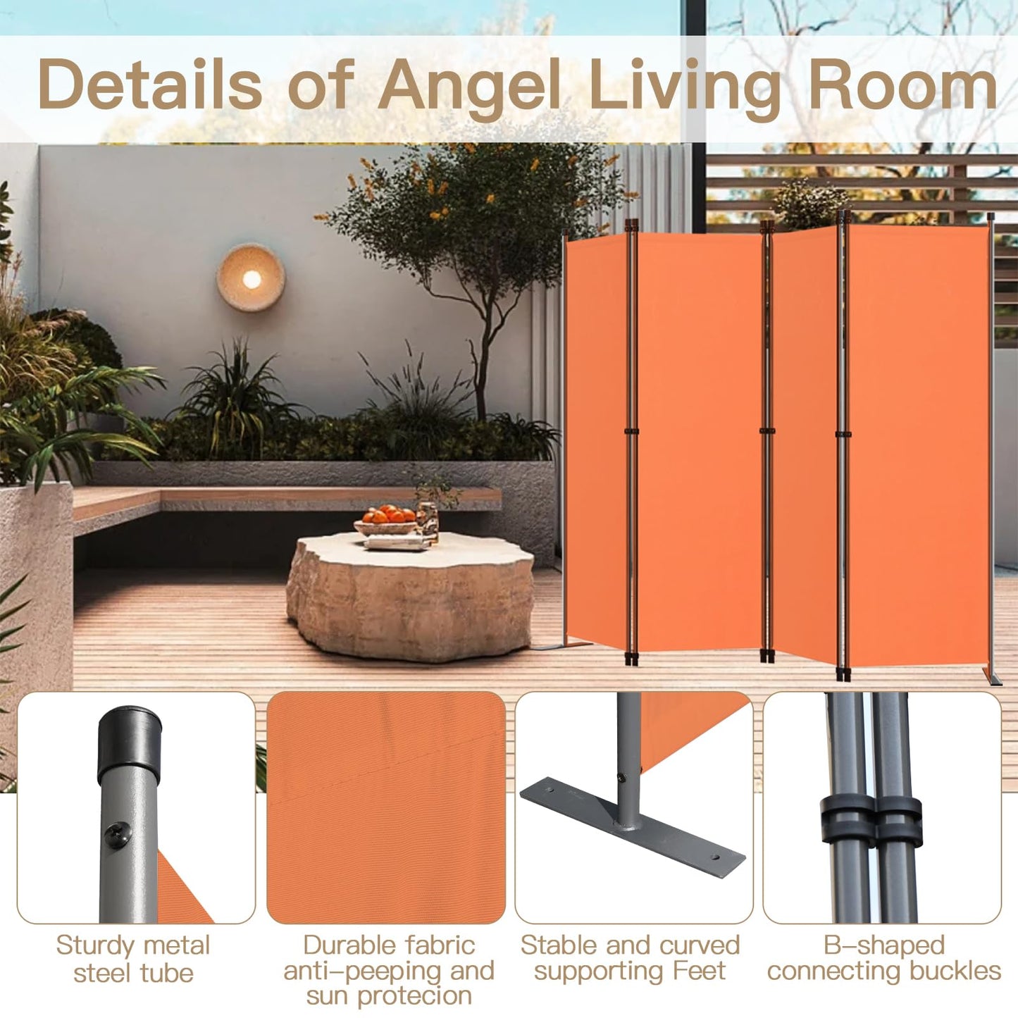 Angel Living 4 Panels Folding Room Divider, Privacy Screen Composed of Polyester Fabric and Sturdy Iron Frame
