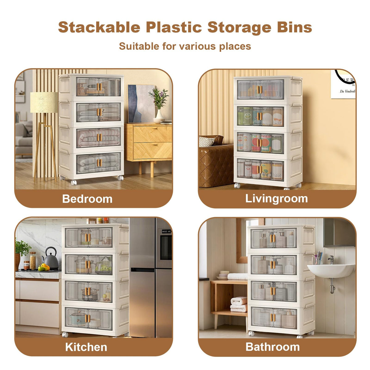 4-Layers Storage Boxes with Lid, Stackable Bins with Magnetic Double Door, Foldable Plastic Storage Organizer with 360° Wheels for Bedroom Living