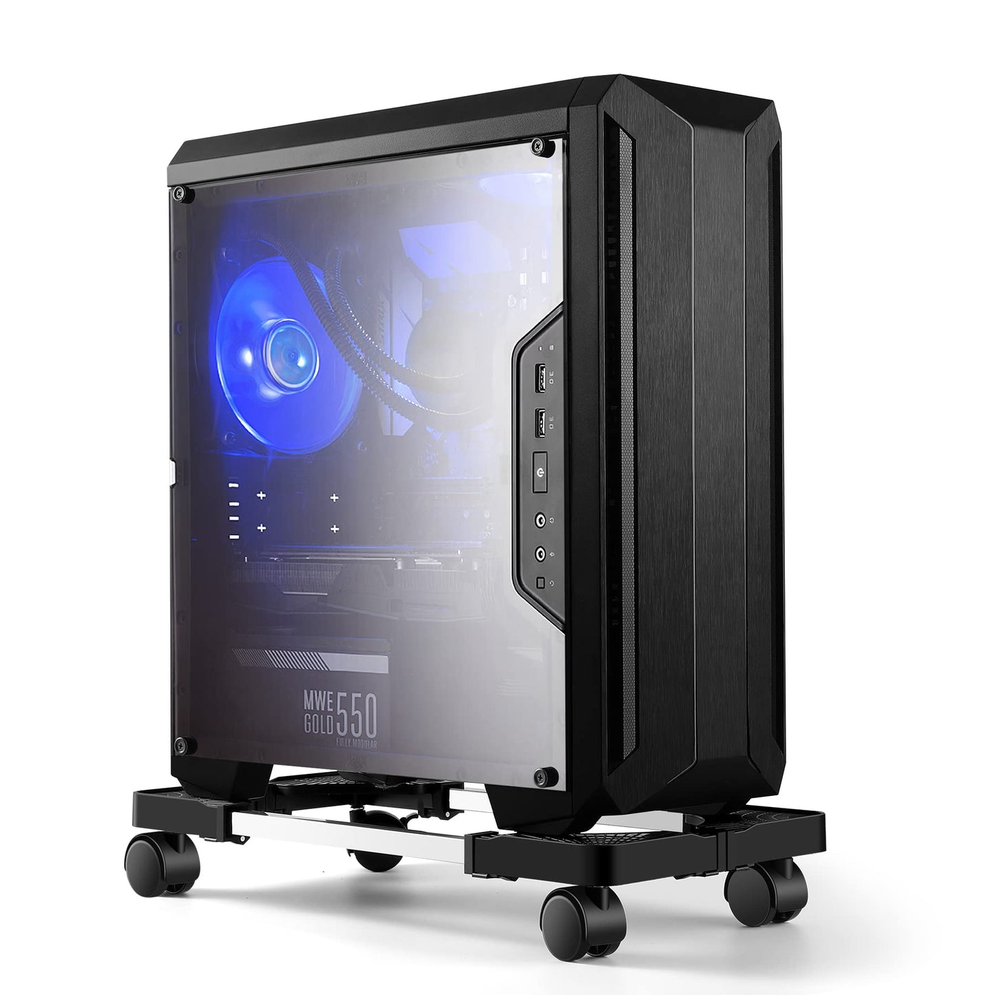 Hmseng Pc Stand, Adjustable computer tower stand, Cpu Stand with 4 Rolling Caster Wheels,Fits Most PC Under Desk-Black
