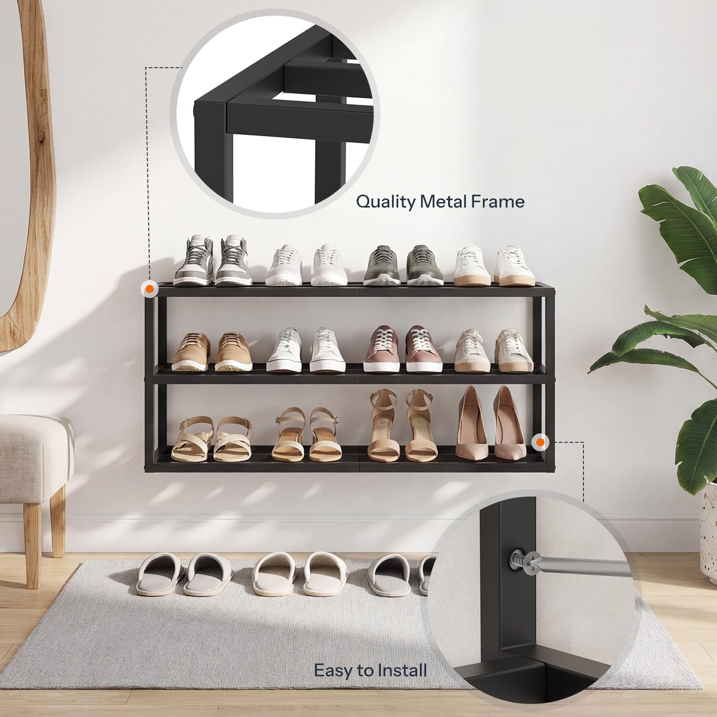 HOOBRO Wall Mounted Shoe Rack, 2-Pack Hanging Metal Shoe Storage Organizer, 3-Tier Vertical Shoe Holder, Metal Shoe Shelf for 18-24 Pairs, Entryway