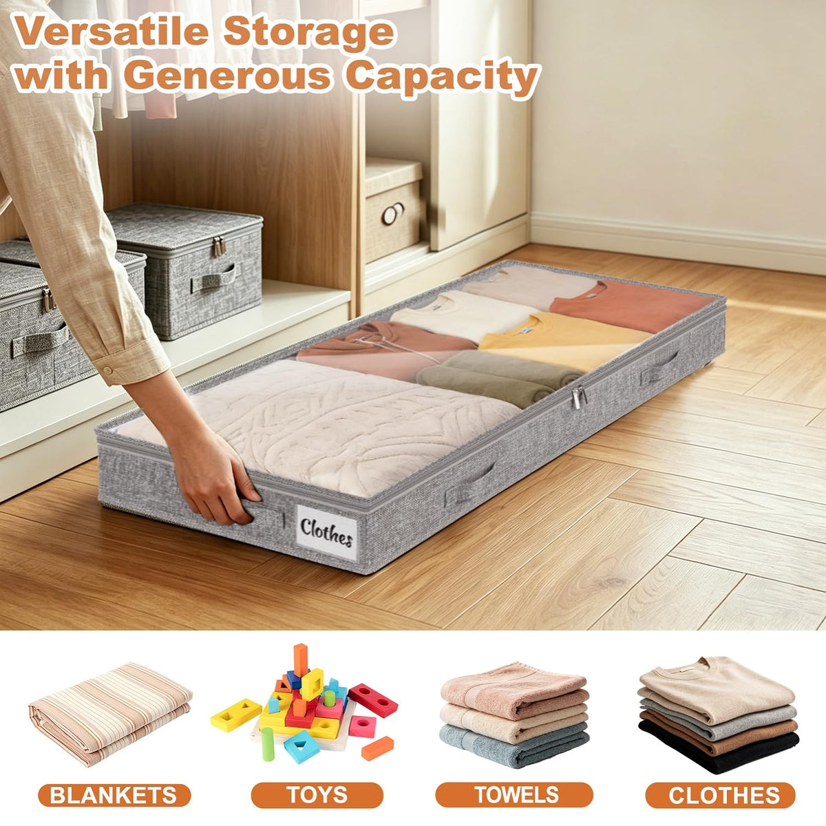 10cm Tall 2 Pack Underbed Storage Bags, Low Profile Under bed Storage Box with lid, Foldable Clothes Storage Bags with Sturdy Zip, PVC Window
