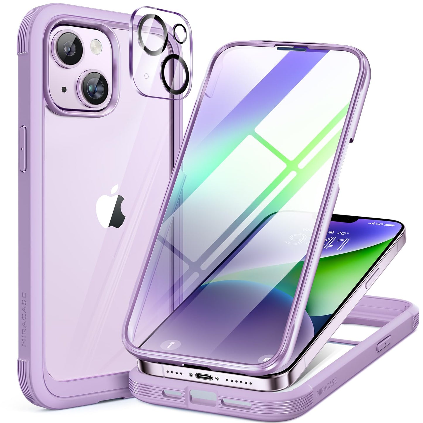 Miracase Compatible with iPhone 14 Case 6.1 inch, [Built-in Glass Screen Protector + Camera Lens Protector] Full Body Rubber Bumper Clear Back Case