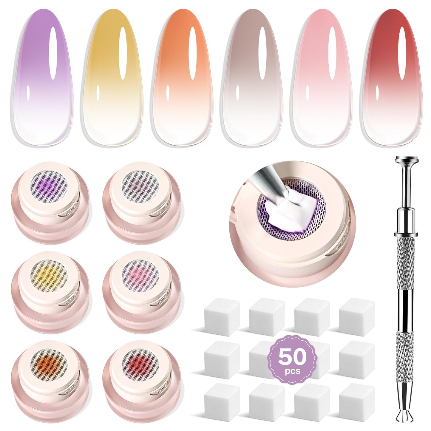 JODSONE Pat Ombre Gel, 6 Colors Pat Painting Gel Nail Polish Kit with Manicure Pen And 50 Pcs Nail Sponges, Ombre Nail Gel Paint for Nail Art