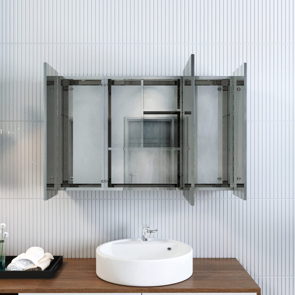 ELEGANT Triple Door Bathroom Mirror Cabinet, Stainless Steel, 600 x 900mm