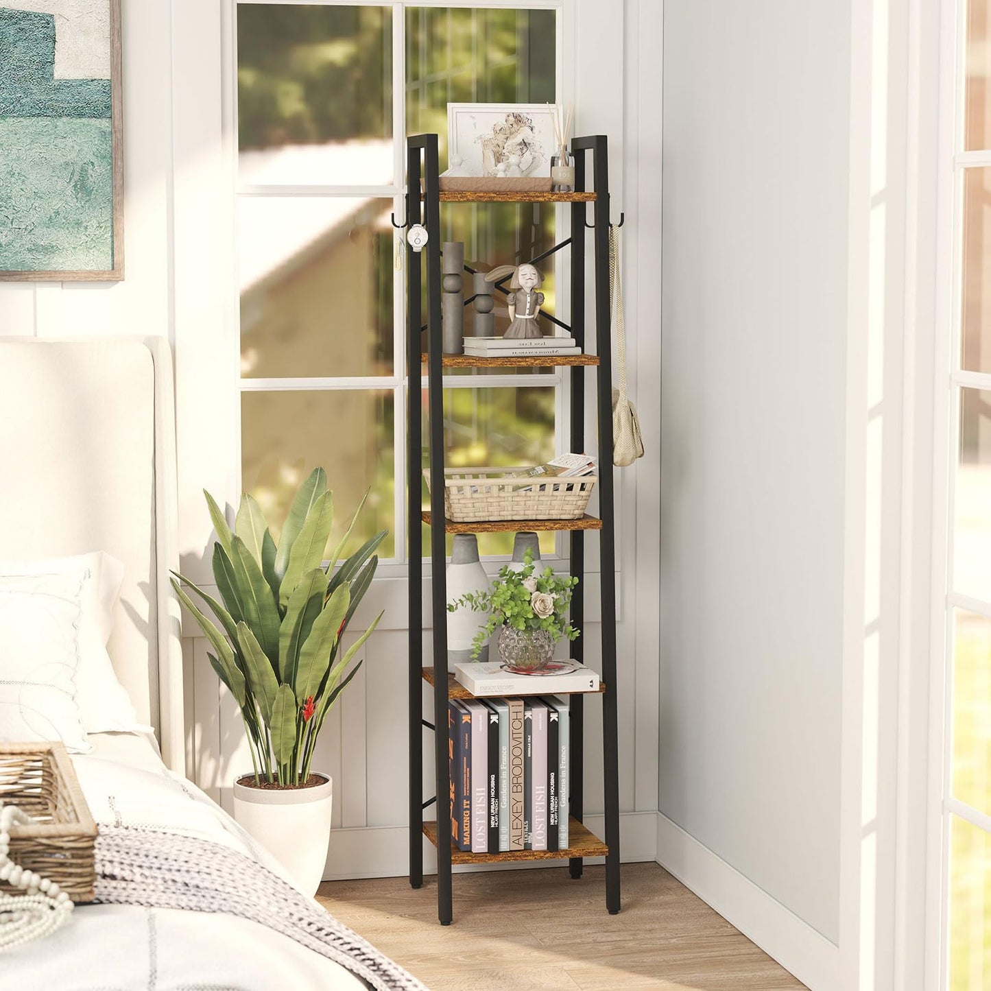 YMYNY 5 Tier Ladder Bookshelf, Height 160CM Bookcase, Freestanding Storage Organiser Shelves, Shelving Unit for Living Room Bedroom, Kitchen, Plant