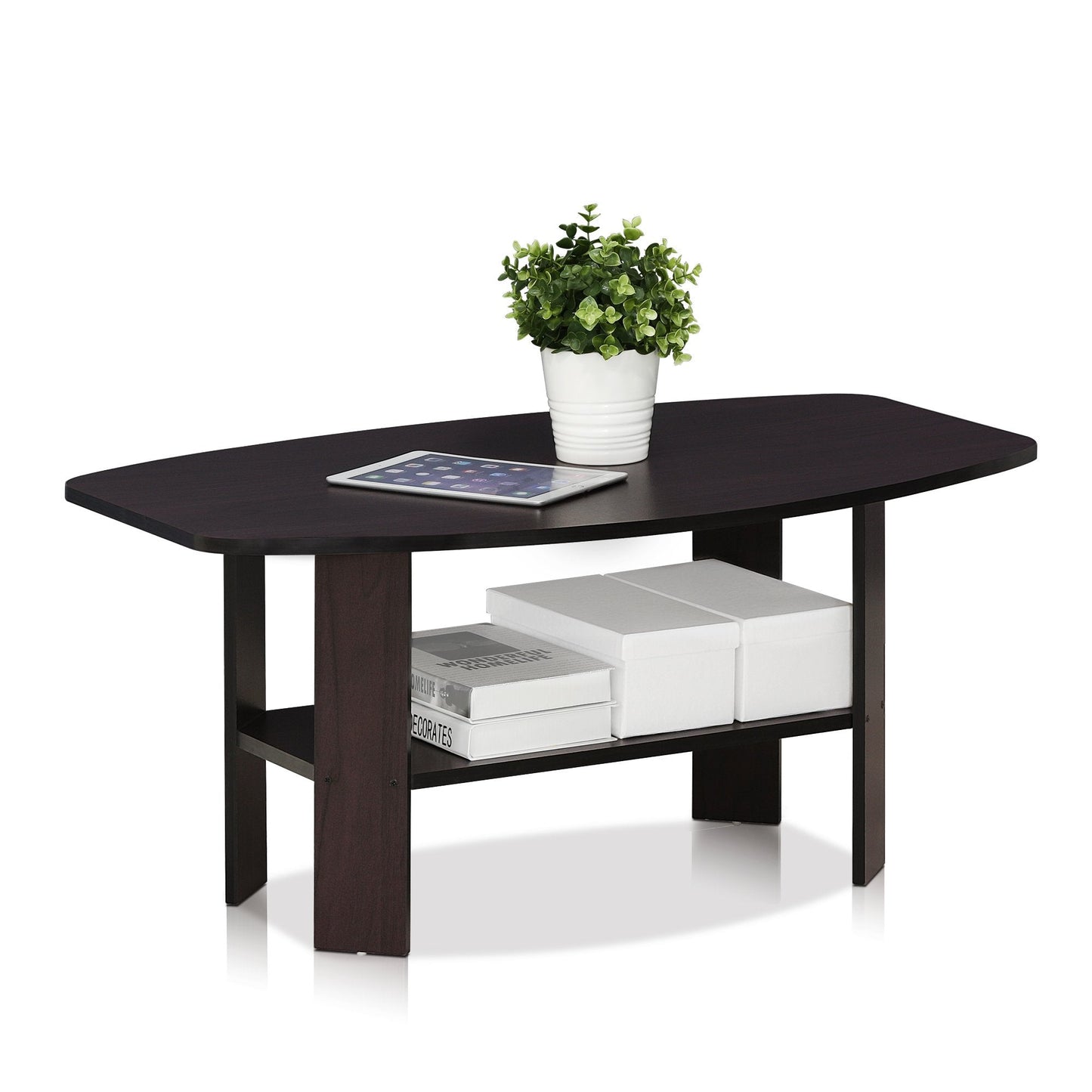 Furinno SIMPLE DESIGN Coffee Table, Small Coffee Table wih Open Shelf, Side Table, for Living Room, Home Office, Dark Walnut