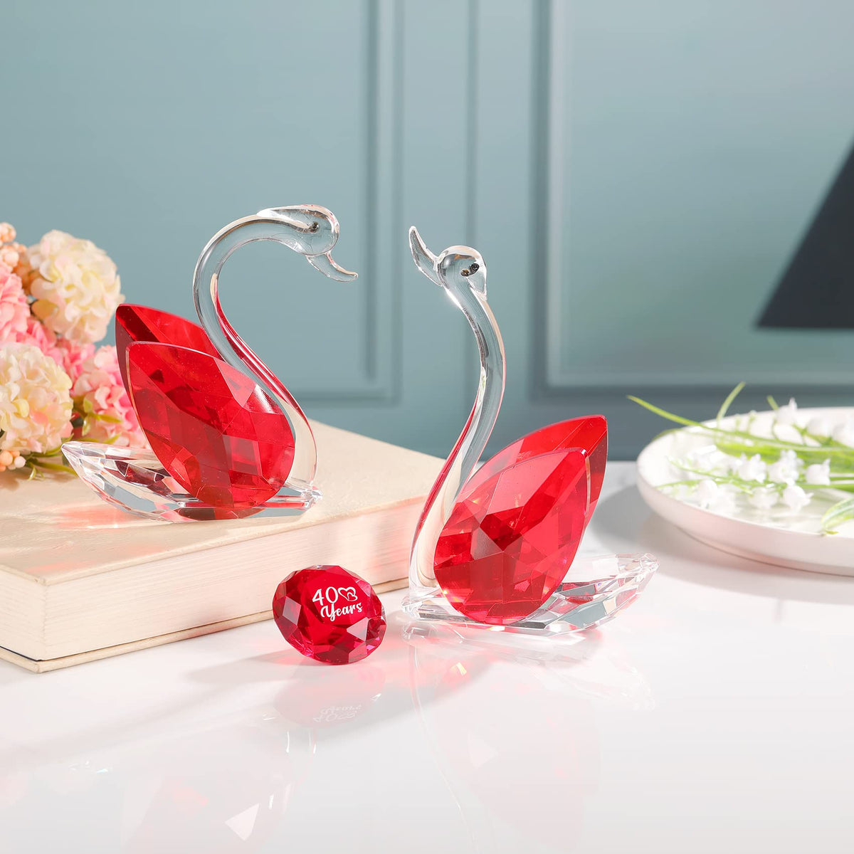 Set of 2 Crystal Red Swans 40th Anniversary Wedding Gifts for Parents Glass Animals Collectibles Figurines Keepsakes 40 Years of Marriage Presents for