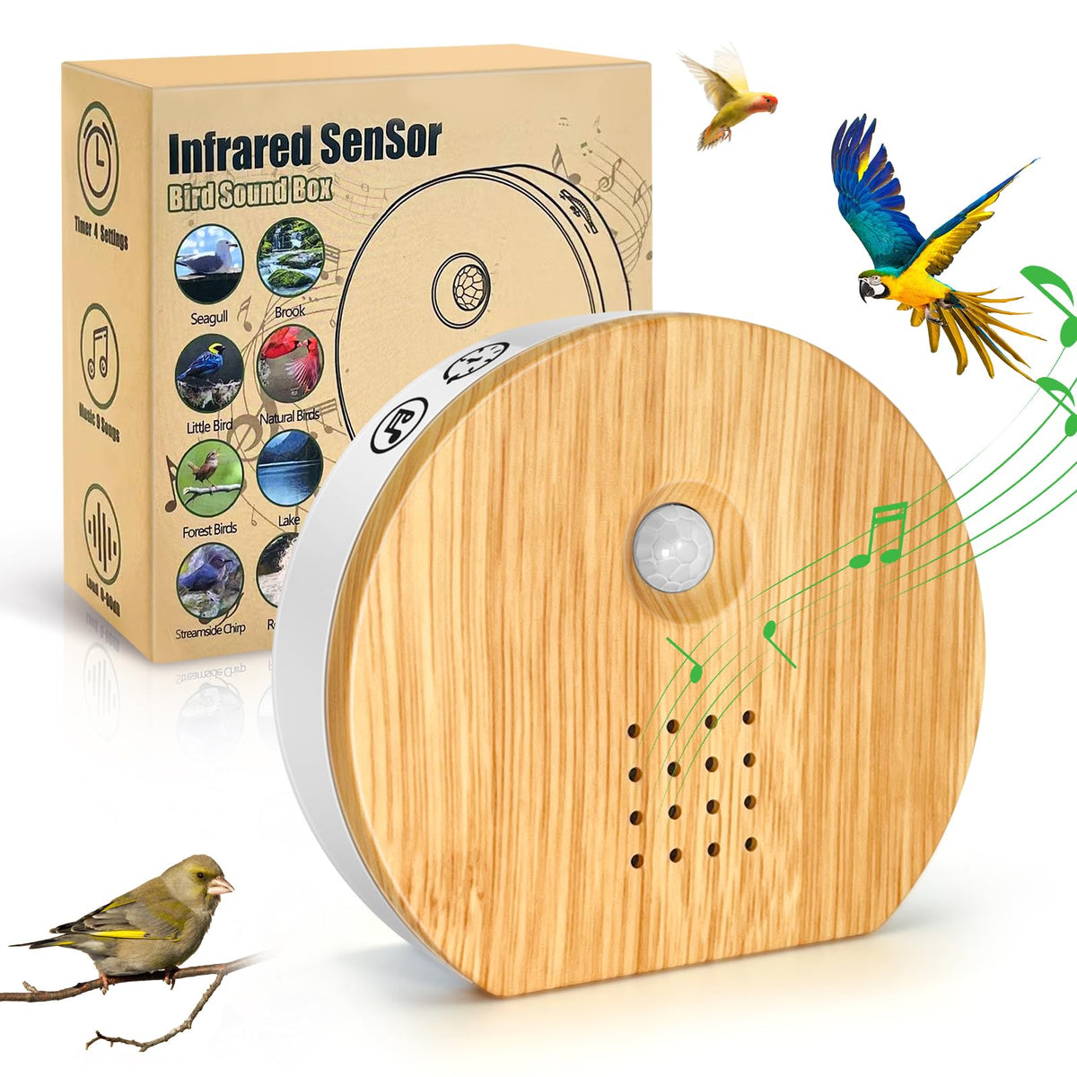 Singing Bird Box Original, Rodukee Portable Bird Chirping Box with Motion Sensor & Timer & 9 Soothing Natural Sounds, Birdsong White Noise Sound