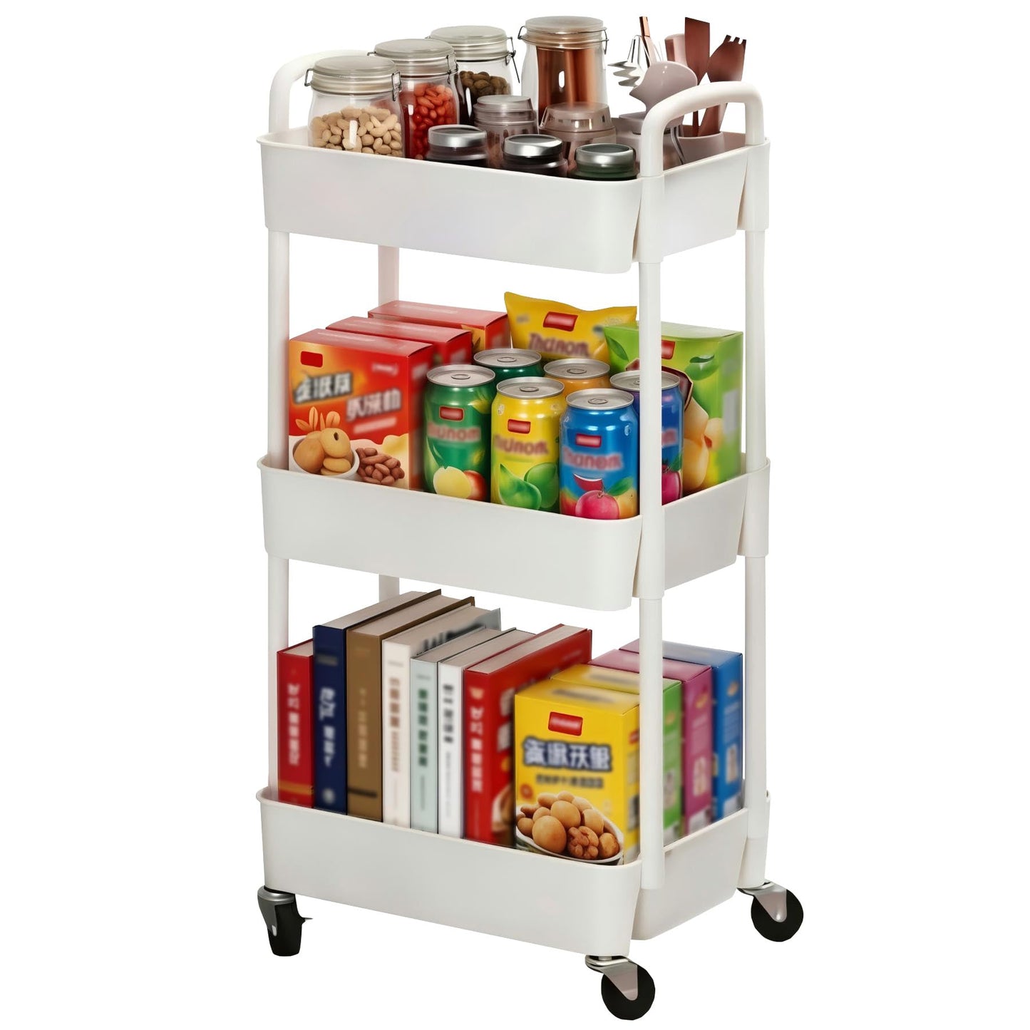 Sywhitta 3-tier Plastic Storage Trolley on Wheels, Kitchen Storage Utility Cart, Rolling Storage Rack for Bedroom, Bathroom, Office, White