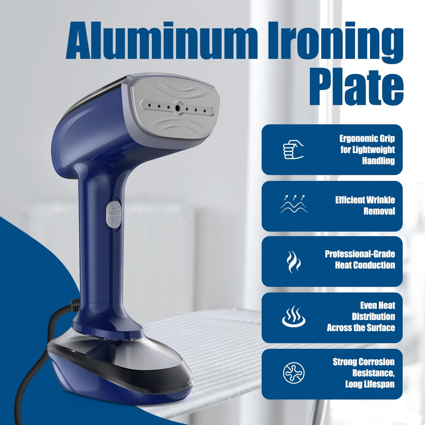 Powerful Handheld Fabric Steamer - 1800W with Fast Ceramic Heat-Up Plate, 2-in-1 Ironing & Wrinkle Remover, Steam Nozzle, Lint Brush - Blue, 220V