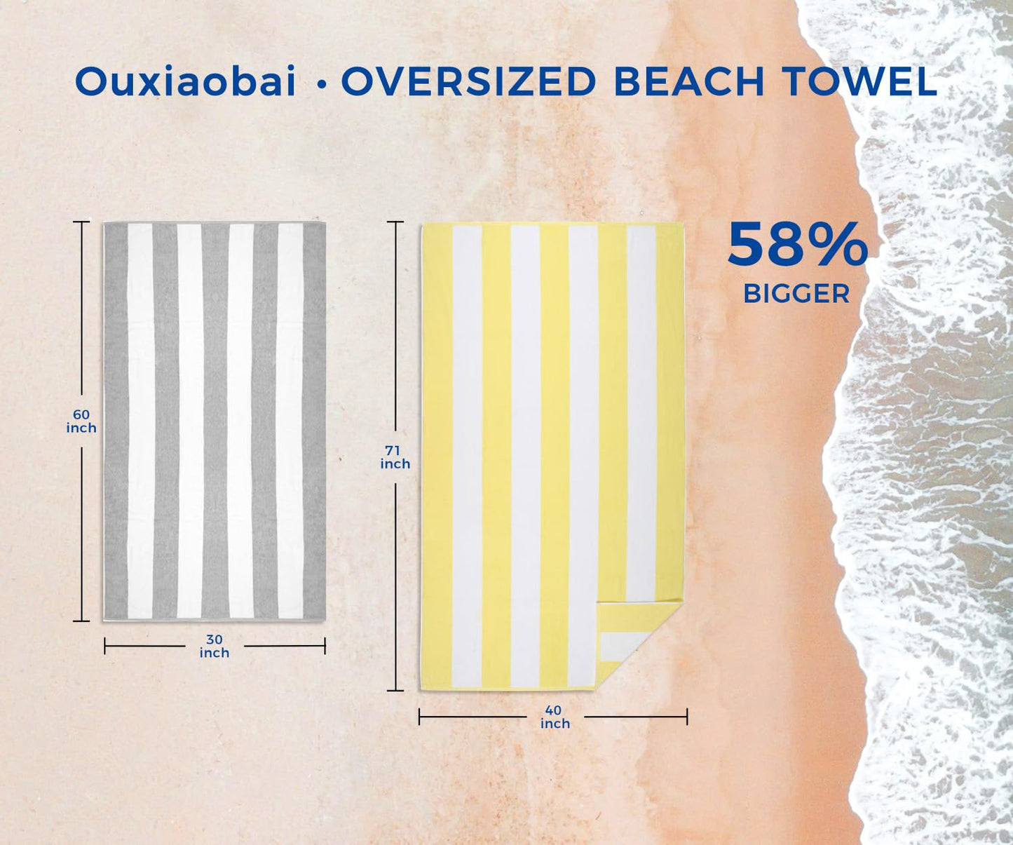 Ouxiaobai Cotton Oversized Beach Towel - Extra Large 180 x 100 CM Soft Absorbent Pool Towel for Adults, Striped Cabana Swim Towel (Yellow)