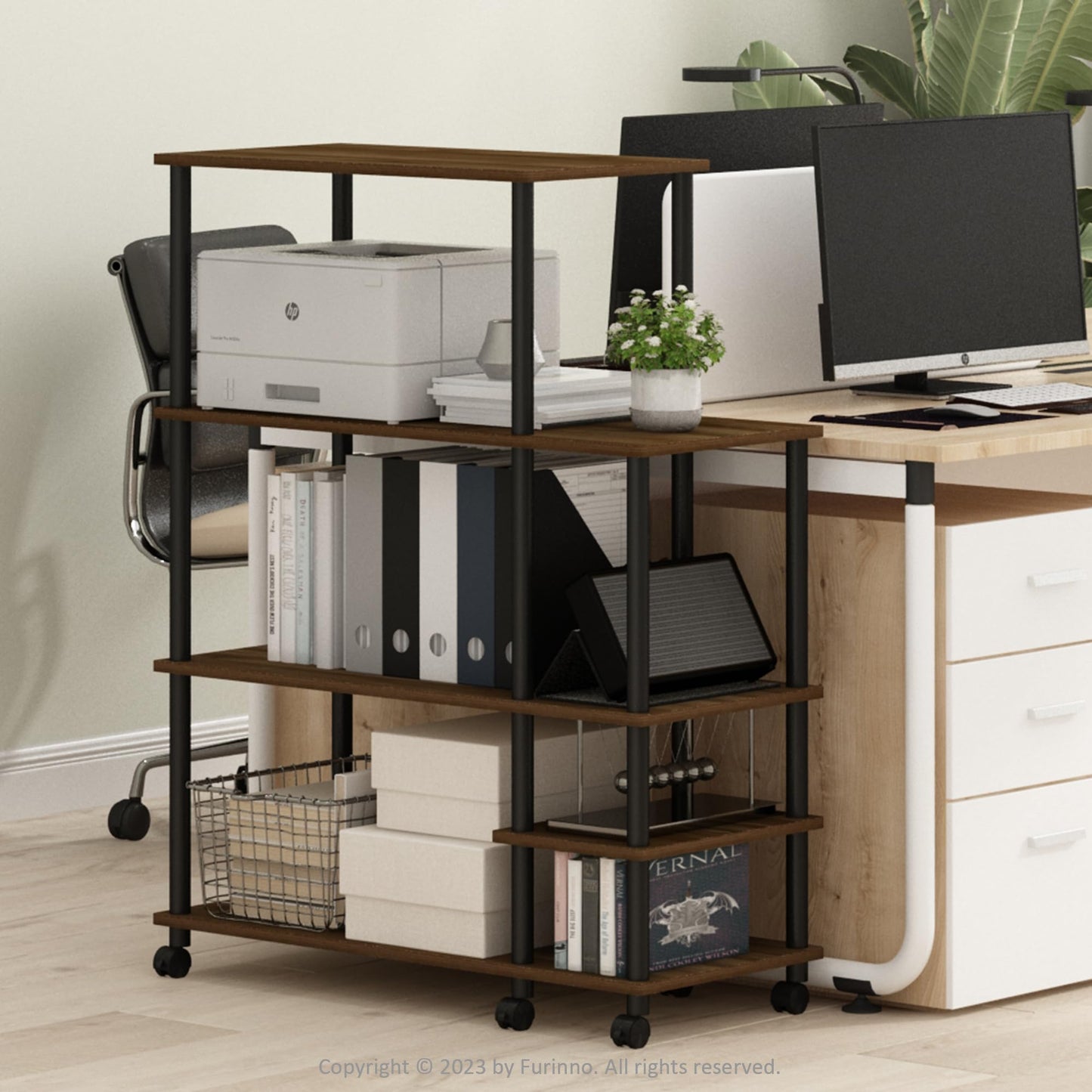 Furinno TURN-N-TUBE Printer Stand, Wide 4-Tier Printer Table with with Storage Shelf and Casters, Open Frame Standing Shelf, for CPU, Office Supplies