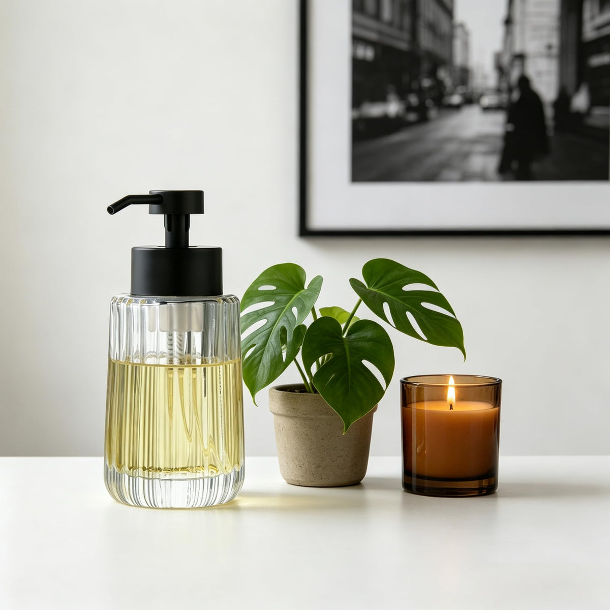 Easy Tang Glass Foaming Soap Dispenser with Black Pump, 12 OZ Vintage-Inspired Modern Glass Refillable Bottle for Bathroom Vanity Countertop and