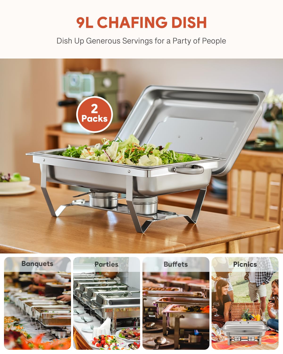WILPREP Chafing Dish Buffet Set of 2, Rectangle Stainless Steel Food Warmer Kit with Lids Food Pans Bain Maries and Fuel Holders, 9L Buffet Serving