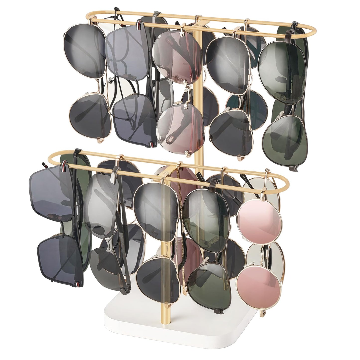 Mkono Sunglasses Organizer Glasses Holder Stand for 24 Pairs of Eyewear, 2 Tier Sunglass Storage Eyeglasses Display Rack Metal Frame with Wood Base