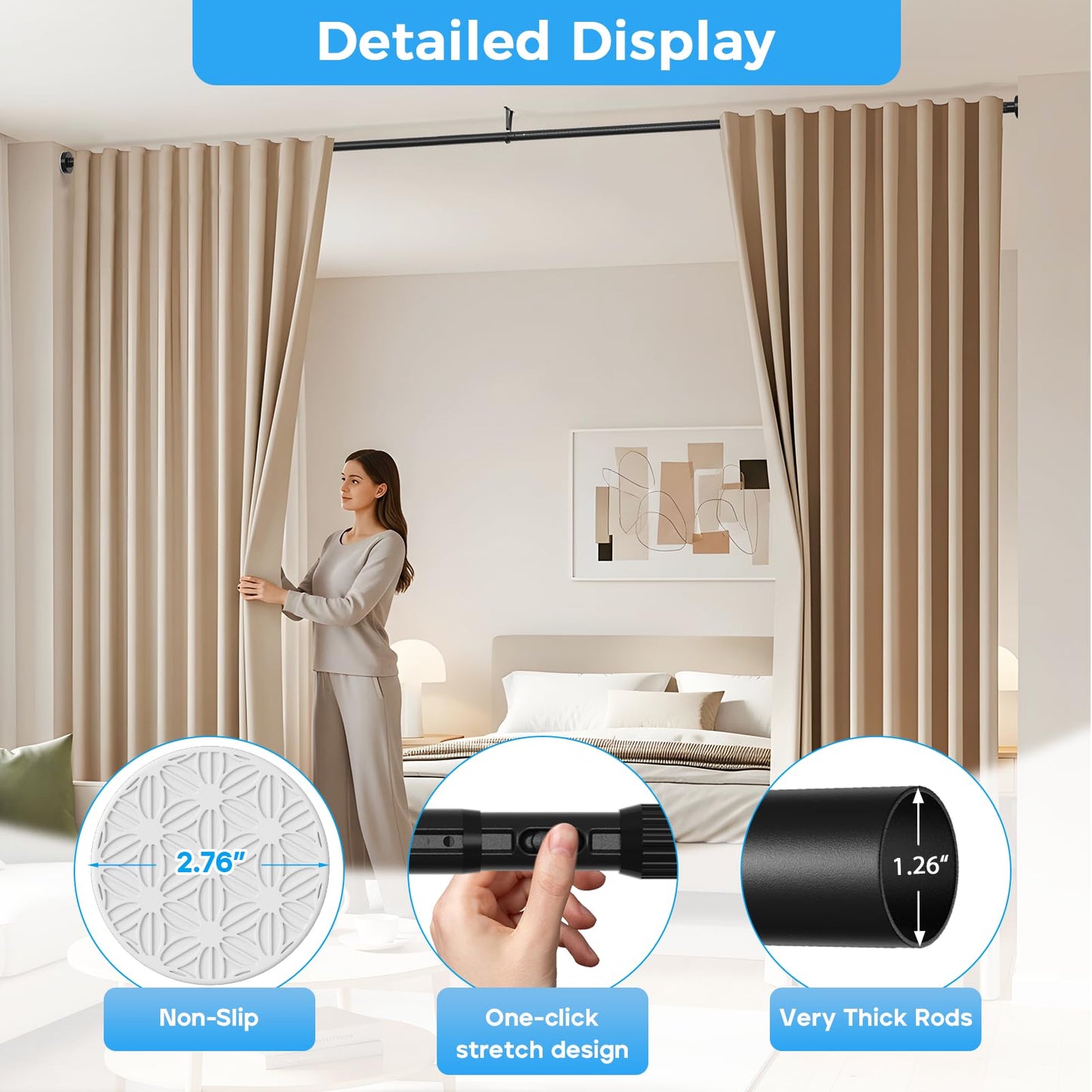 AIZESI Black Curtain Pole 207-372cm,No Drill Room Divider Tension Rod 1PCS