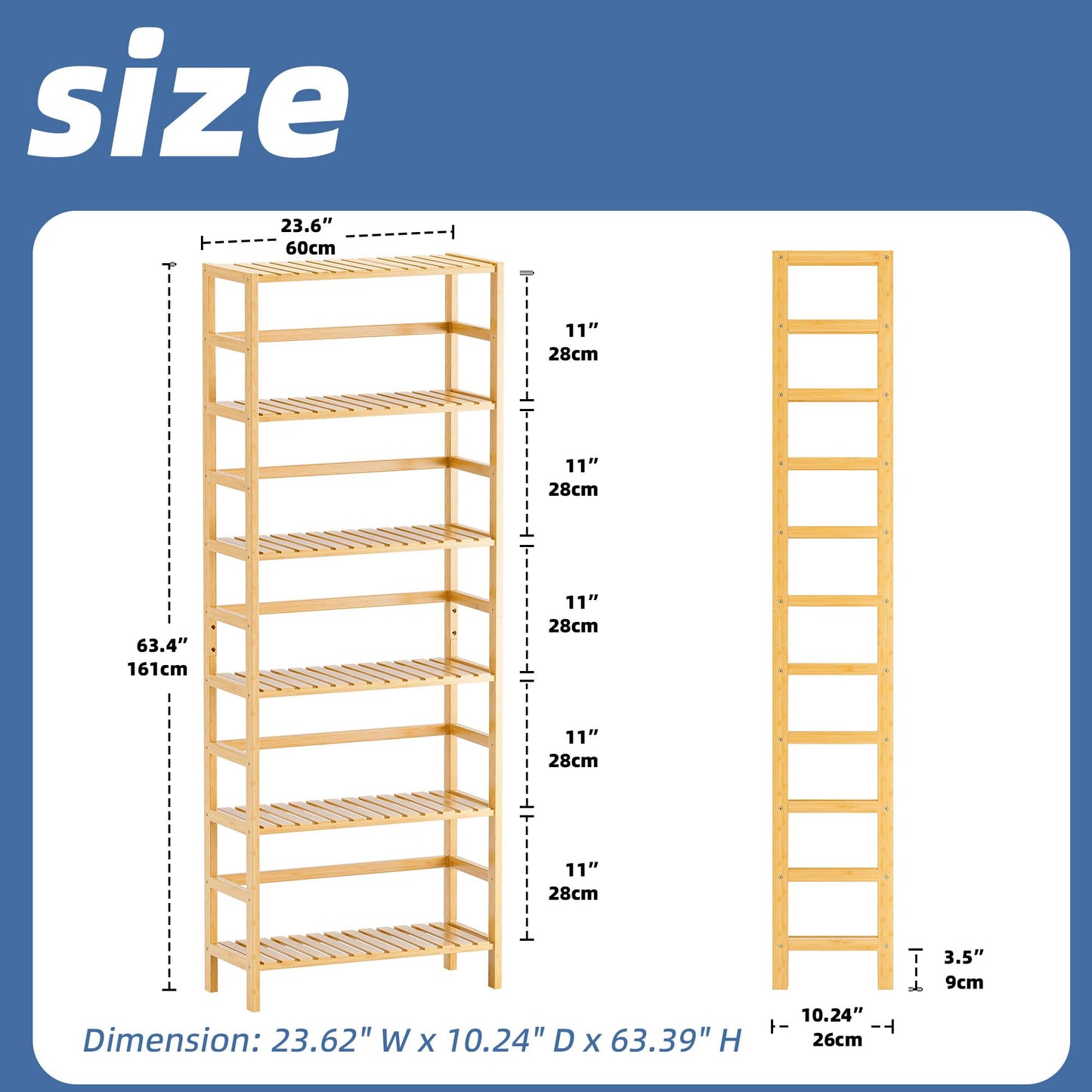 HITNET Bamboo Shelf, 6-Tier Adjustable Tall Open Bookcase, Bathroom Storage Rack Freestanding Shelving Unit, Plant Display Stand for Small Space,
