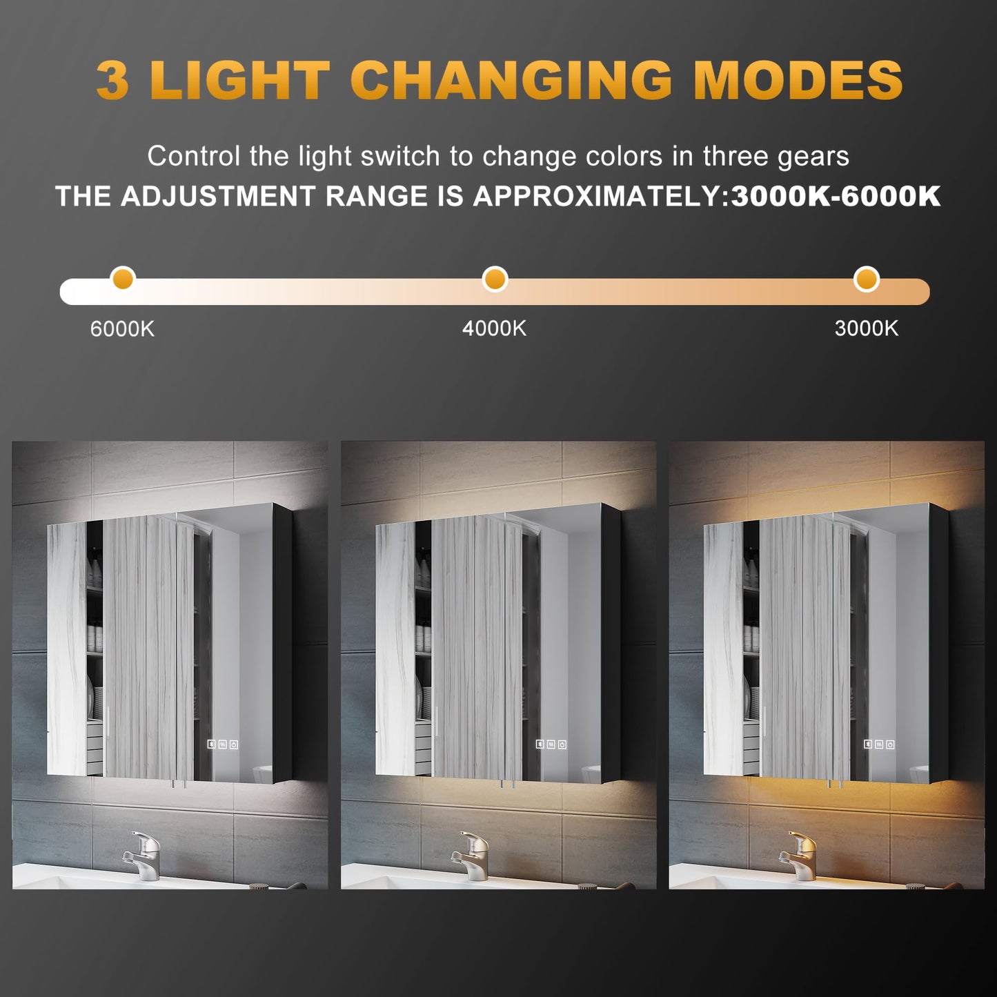 ELEGANT LED Mirror Cabinet with Bluetooth Bathroom Cabinet with Shaver Socket Black Double Door Wall Cabinets with Three-color Infinitely Dimmable