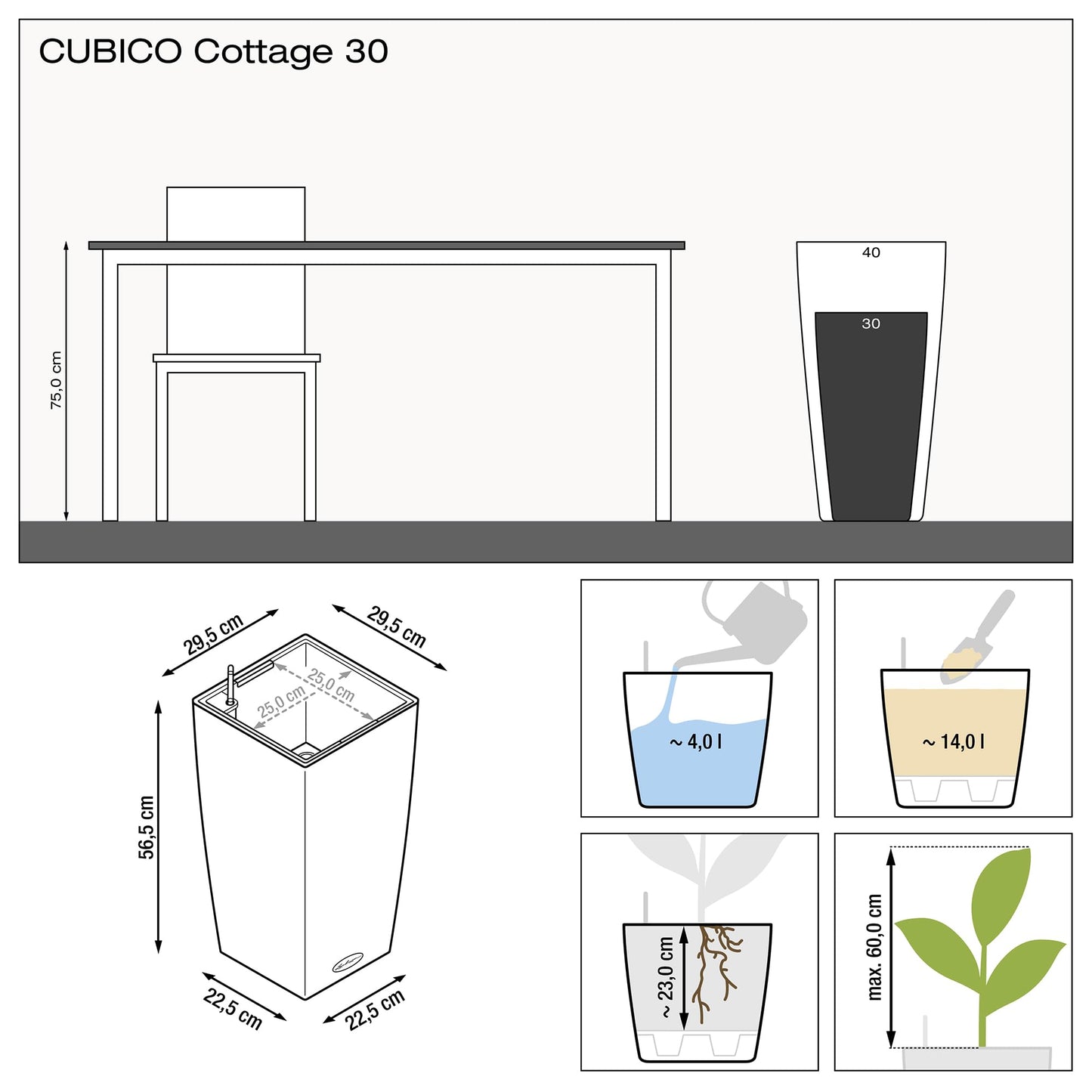 Lechuza Self Watering Plant Pots CUBICO Cottage 30 Rattan Look Plastic Garden Outdoor Indoor Planter with Drainage Hole H56 L30 W30 cm White